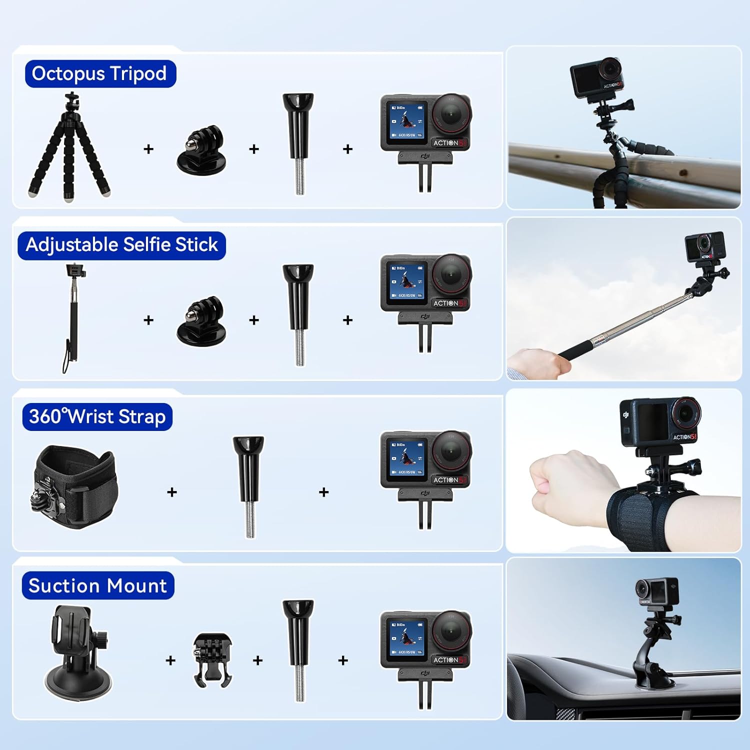 DJI Osmo Action 5 Pro Standard Combo with 58 Piece Accessory Kit and 2 Extra Batteries + 64GB Card - Waterproof Action Camera with 1/1.3