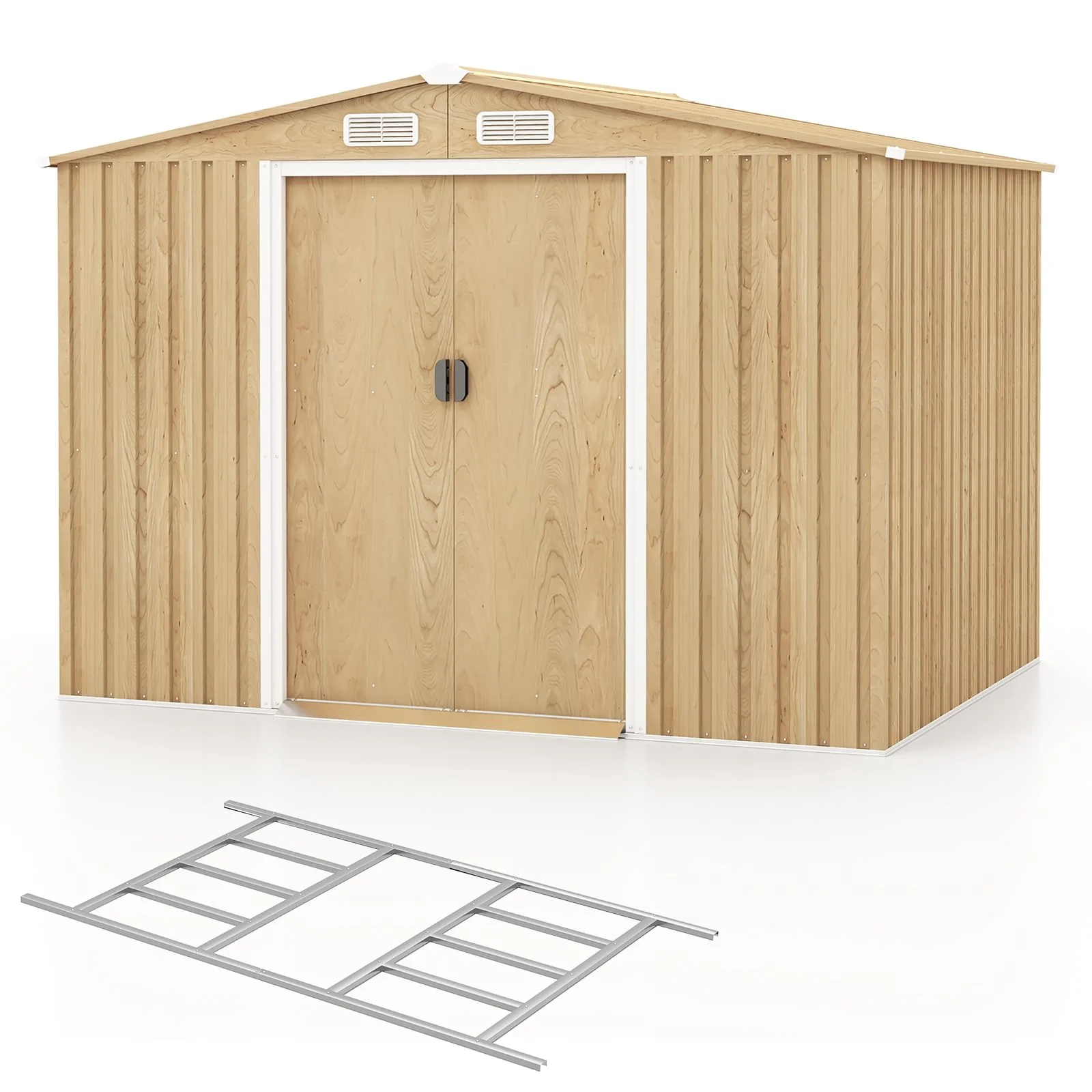 8' x 6' Woodgrain Outdoor Storage Shed, Galvanized Metal Tool House Organizer w/Base Floor, 4 Vents