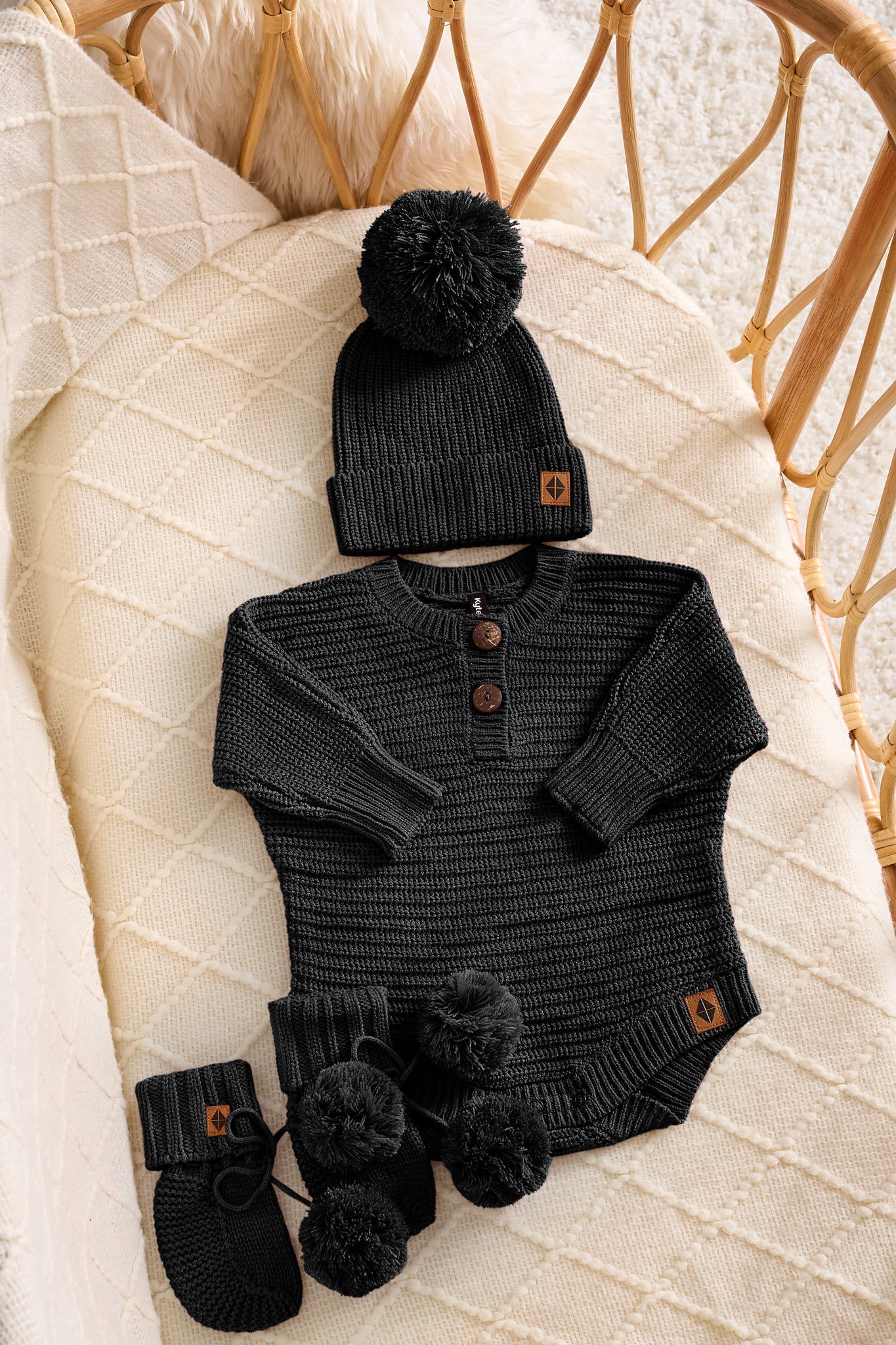 Chunky Knit Romper Set with Beanie & Booties in Midnight