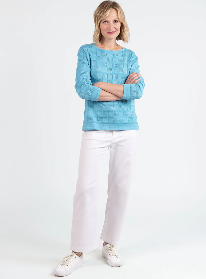 Pull femme ajouré en coton bleu turquoise