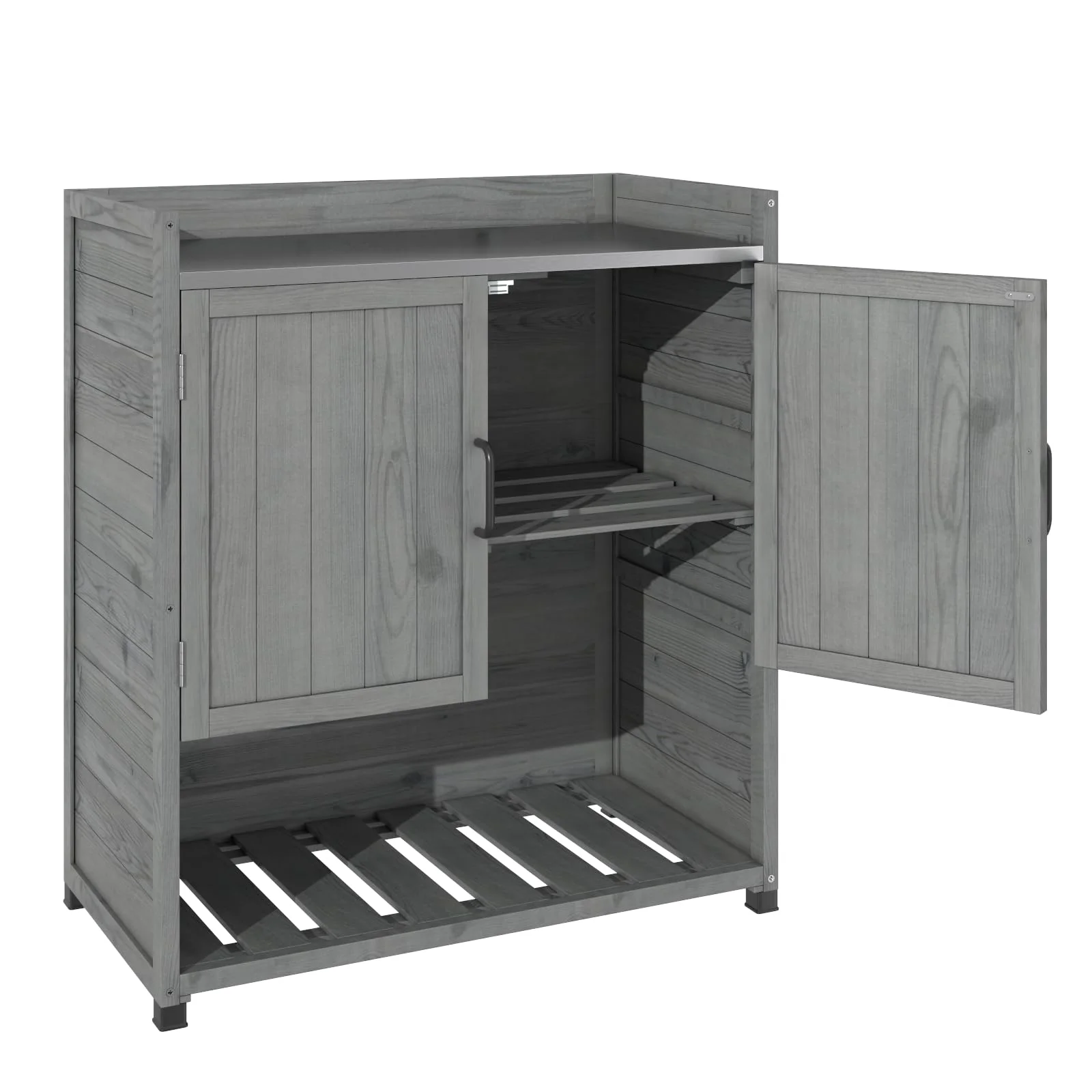 Potting Bench, Wooden Outdoor Storage Cabinet with Adjustable Shelf, Patio Storage with Metal Tabletop, Potting Table for Garden, Patio and Lawns, Gray(Gray) - Image 4
