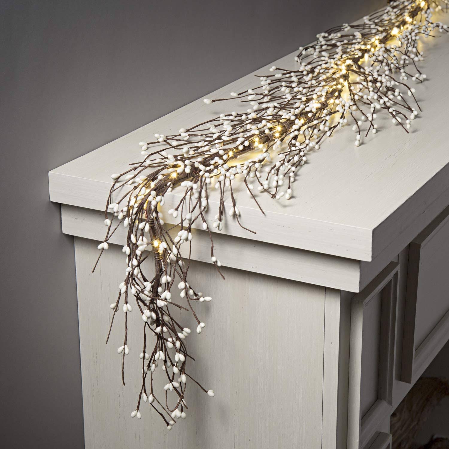 PIP Berry Garland with Lights - 5.5 Feet Long, 100 LED, Brown Twig Branches with White Berries, Autumn Wedding Reception Decor, Battery Powered, Timer