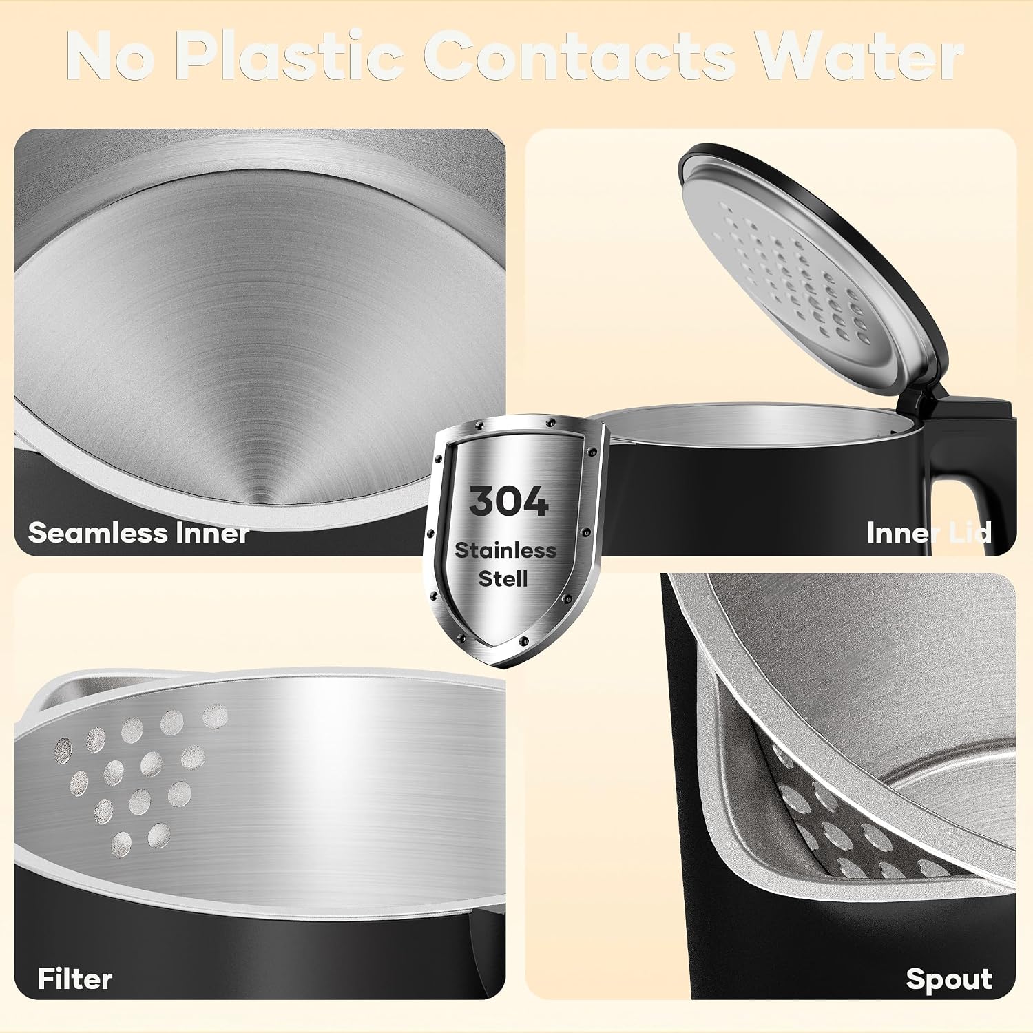 Damsun 1.7L Stainless Steel Electric Kettle, 1500W Rapid Boil, Black