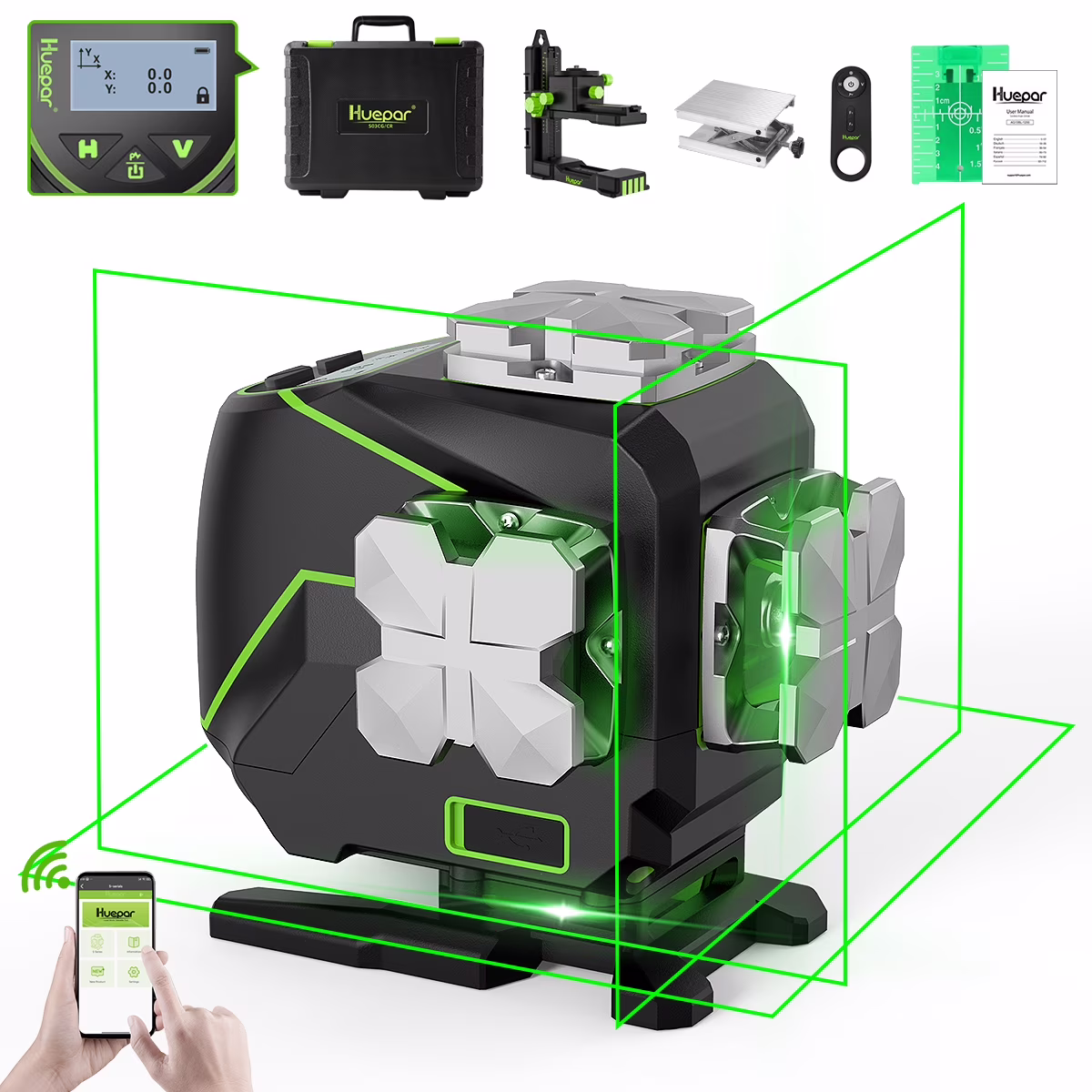 4D 16 Lines Self-Leveling Laser Level, 200Ft Green Beam 4 x 360° Cross Line Laser Level Tools with LCD Screen, Bluetooth and Magnetic Bracket