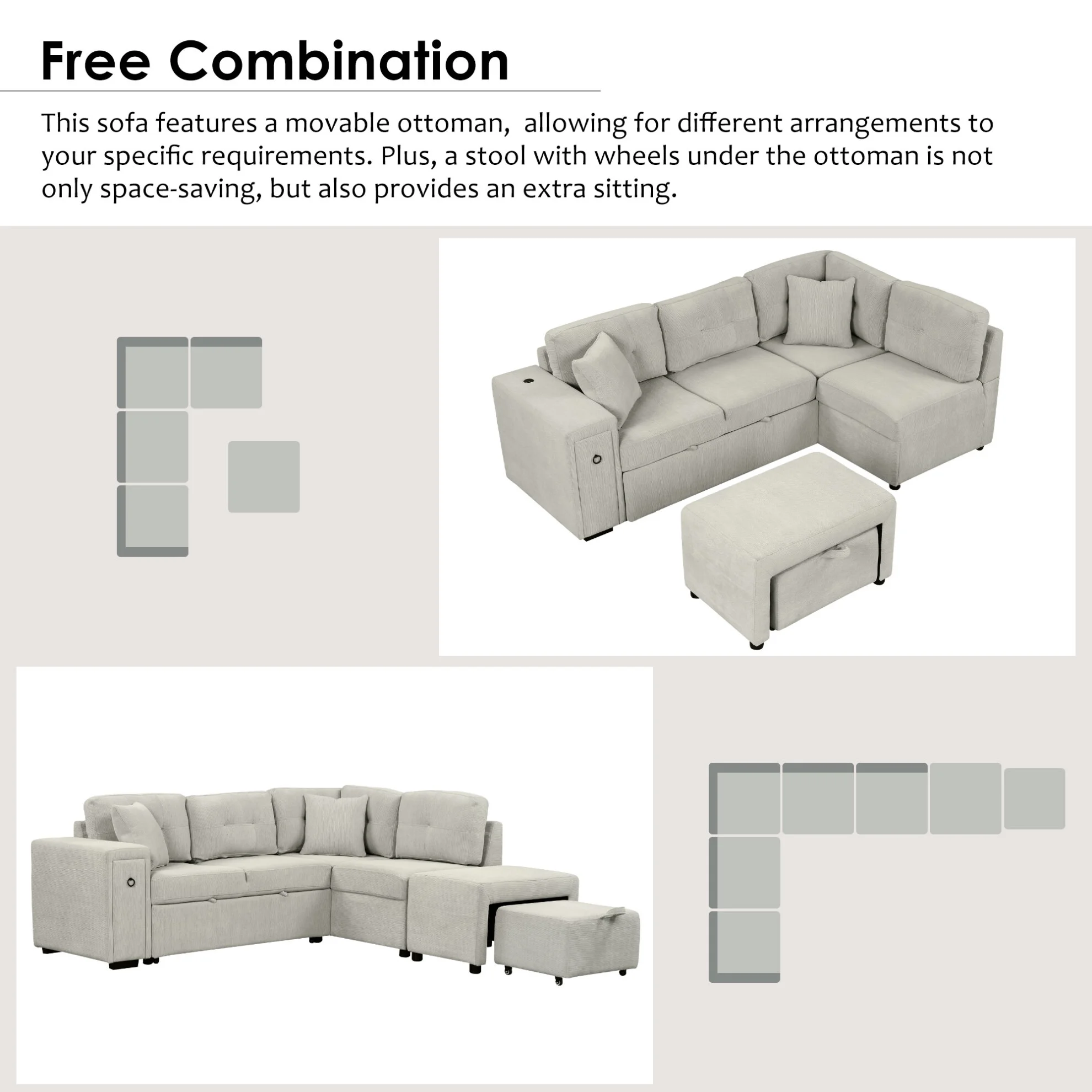 87" Modular Sectional Sleeper Sofa with Pull Out Bed, Convertible L-Shaped Couch with Ottoman, USB Ports and Two Cup Holders for Living Room, Apartment, Bedroom, Gray(Grey) - Image 5