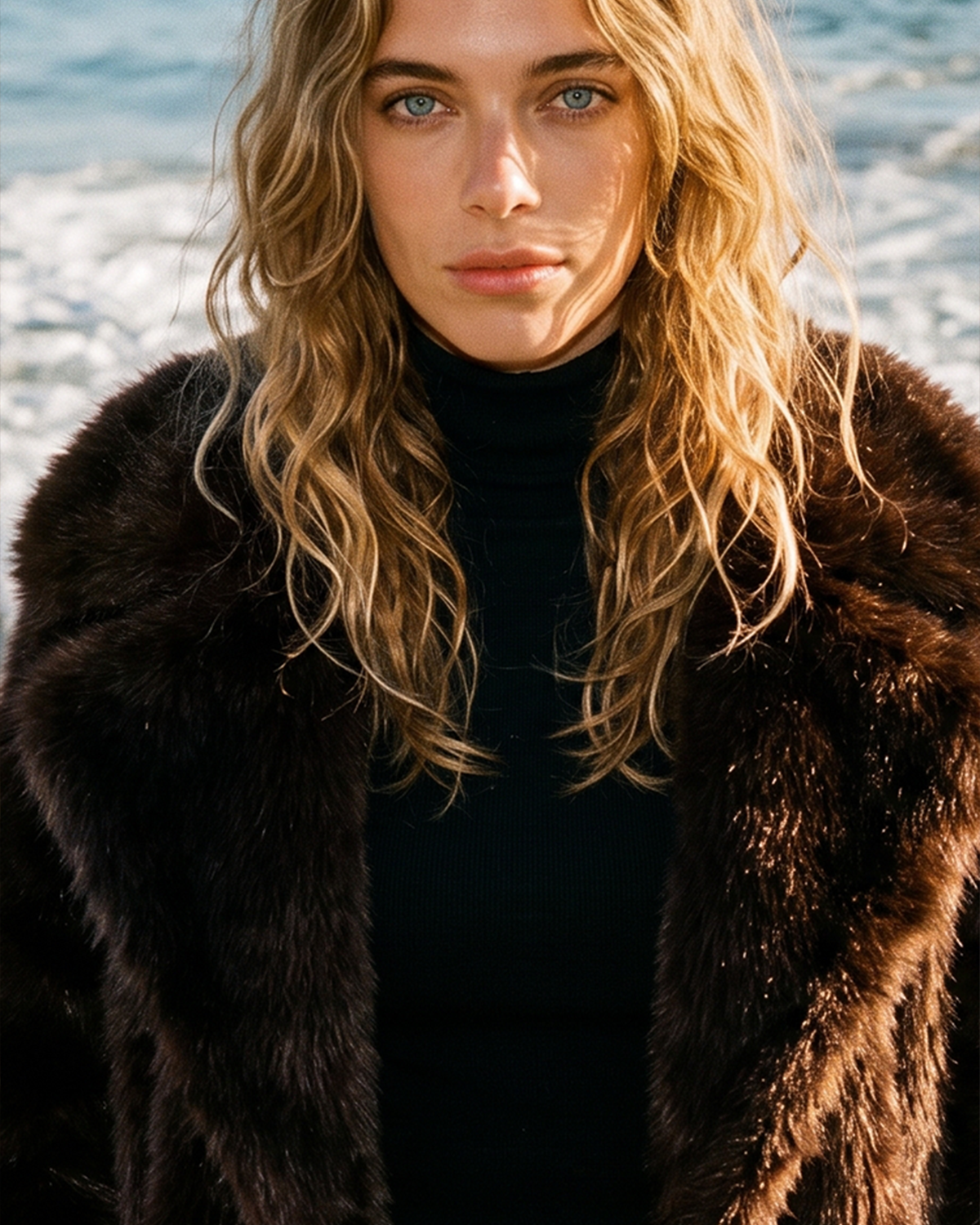 Stanetco woman wearing a brown faux fur jacket by the ocean