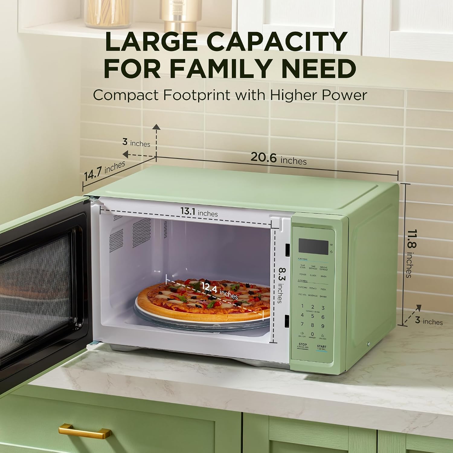Midea Retro Countertop Microwave, 1.1 CuFt, 1000W, 6 Presets, Sage Green