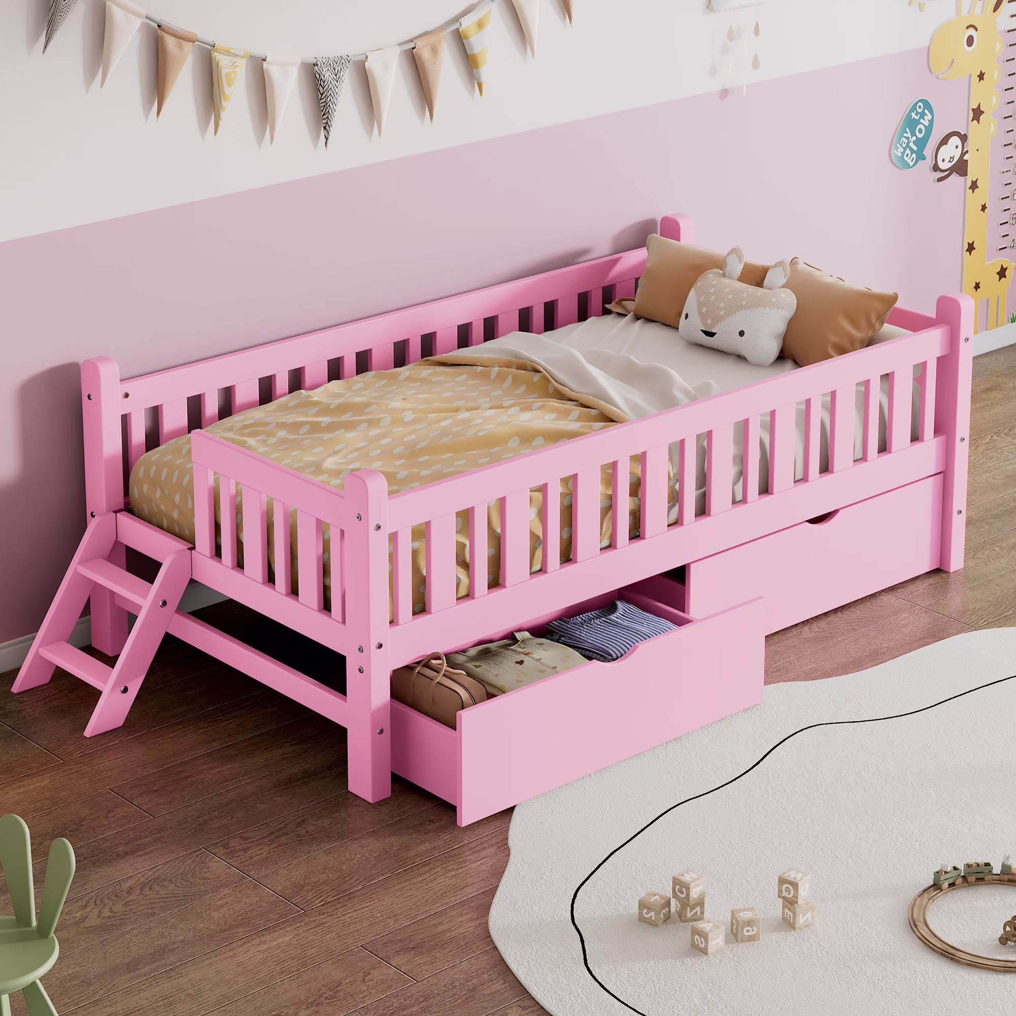 Wood Twin Size Platform Bed with 2 Drawers and Ladder for Kids and Toddlers, White(White) - Image 3