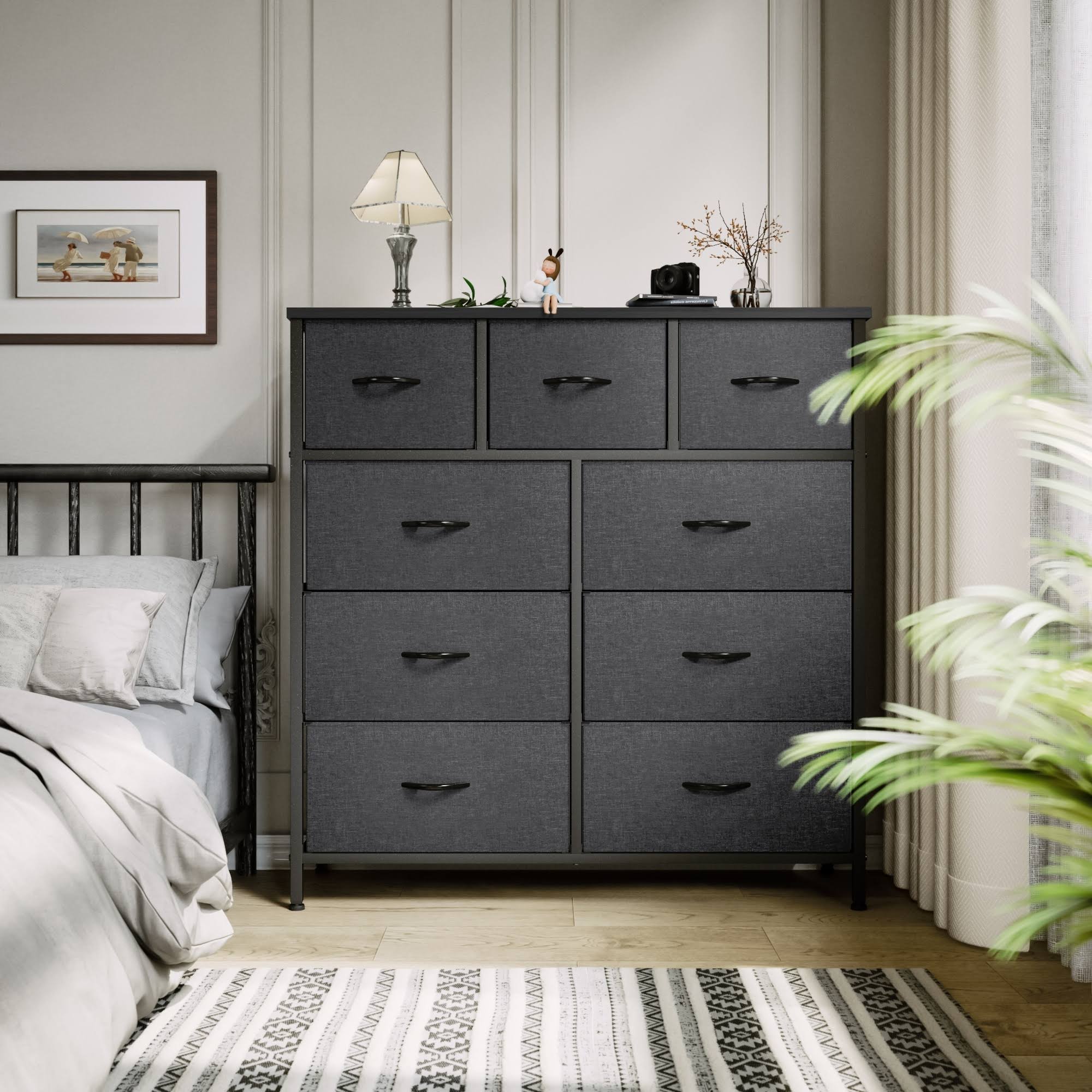 Modern 9-Drawer Bedroom Dresser Storage Tower - Dark Grey