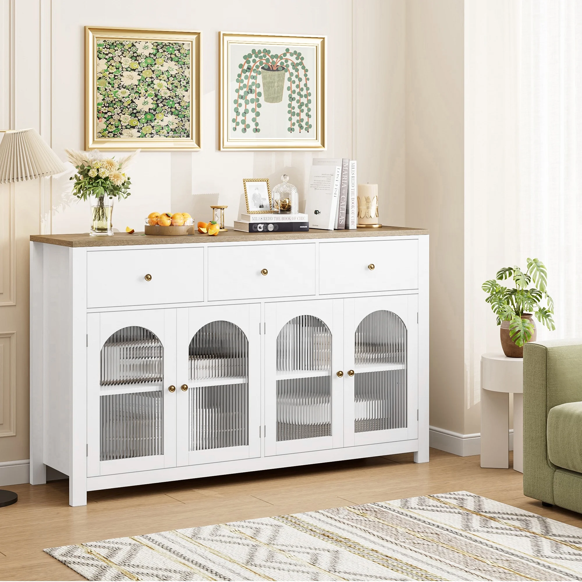 55'' Large Sideboard Buffet Cabinet, Kitchen Storage Cabinet with 3 Drawers and 4 Glass Doors, Wood Coffee Bar Cabinet for Living Room, White(White) - Image 7