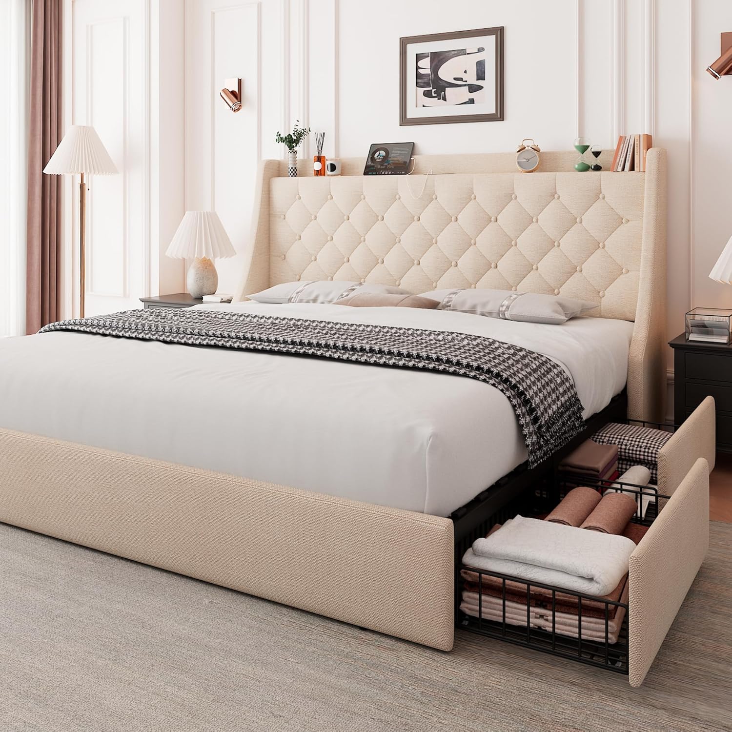 Oversized Storage Bed Frame with Drawers, Charging Station & Wingback Tufted Headboard, No Box Spring Needed, Easy Assembly, Beige