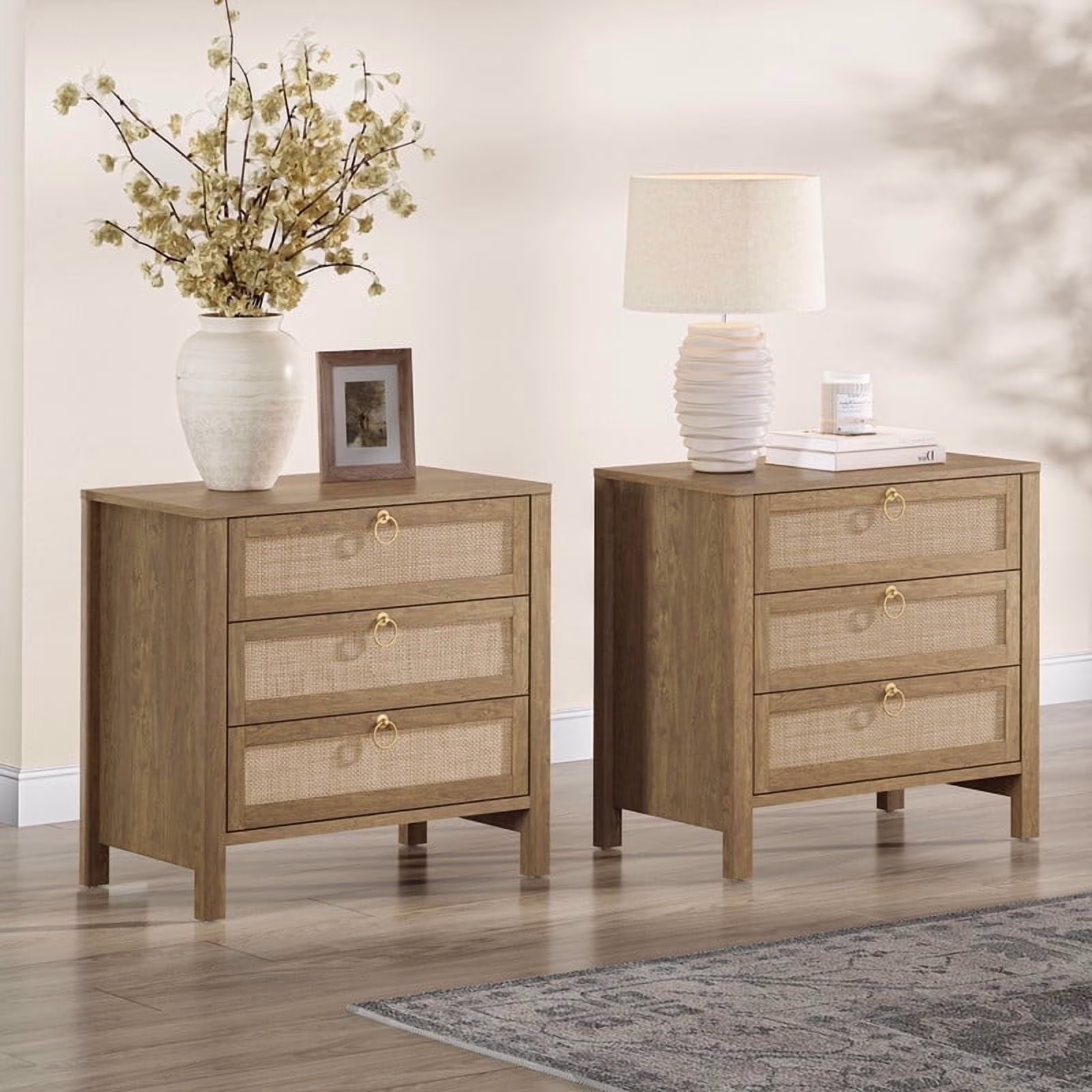 Oak Boho 3-Drawer Nightstand Set of 2 Extra Wide Storage Night Stand with Gold Handles LargeTall Bed Side Table for Bedroom Living Room Enterway(Cherry Oak/Single)