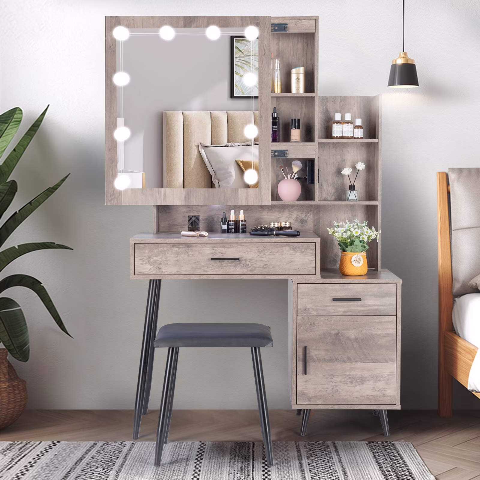 Vanity Set with 3 Color Lighted Mirror Charging Station, Makeup Table with 3 Storage Shelves Drawers, Dressing Table Makeup Desk with Stool,Retro Gray(Type1) - Image 3
