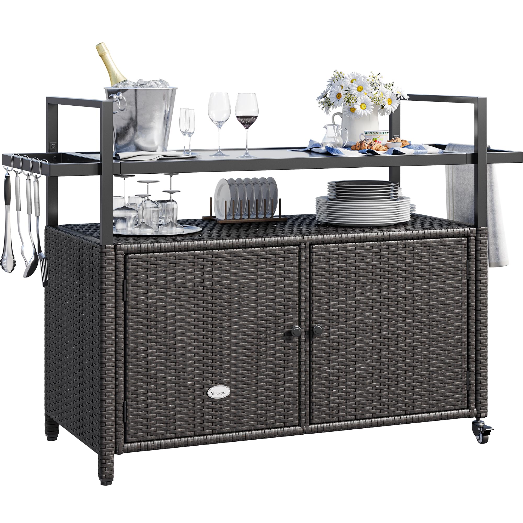 YITAHOME Large Portable Outdoor Wicker Bar Table