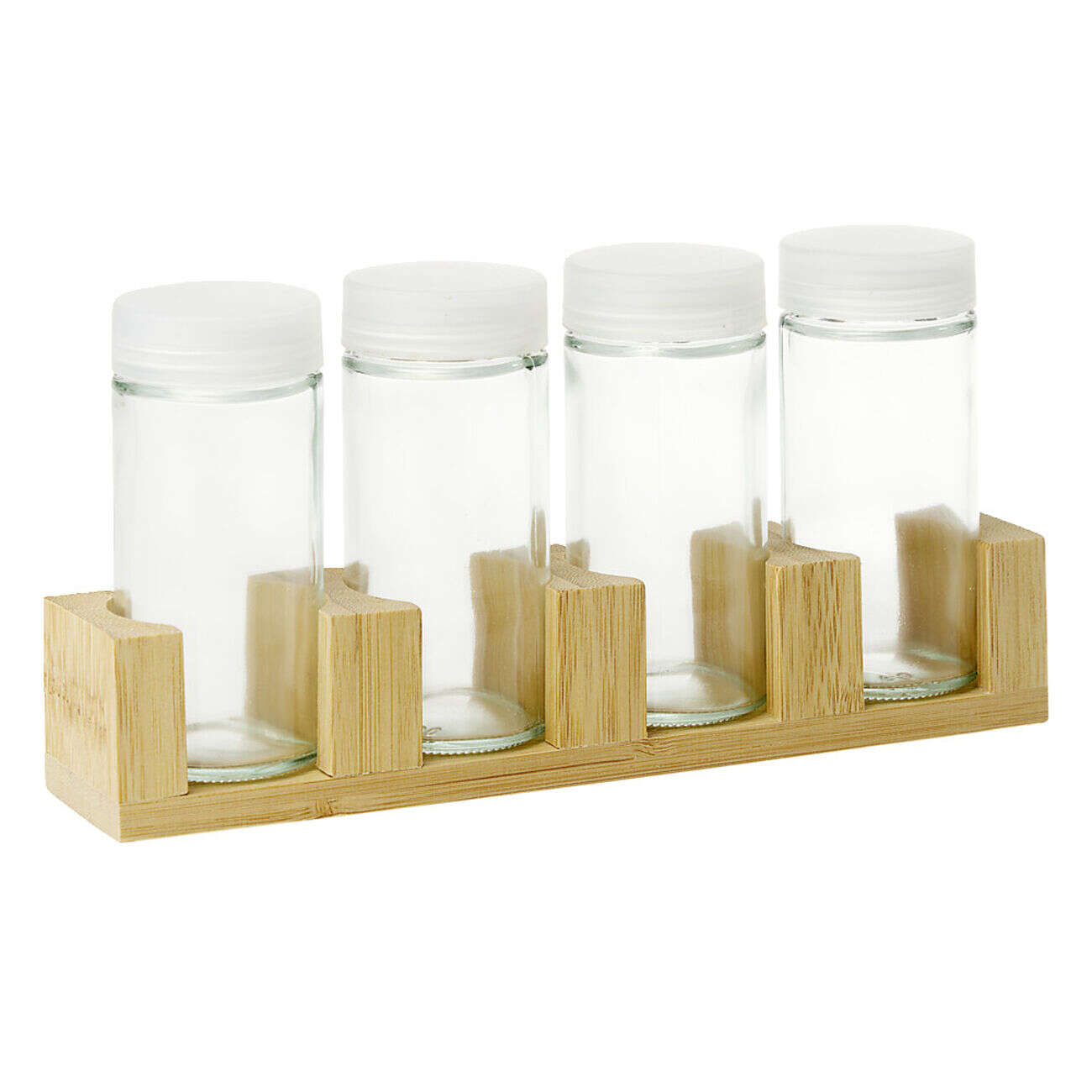 Pots à épices en verre x4 avec support en bambou 20x4,5xH11cm