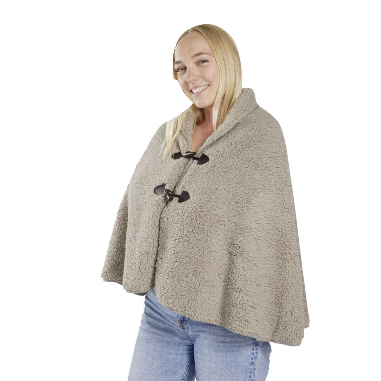 Veste plaid châle moutonné marron 75x150cm avec boutons à brandebourg