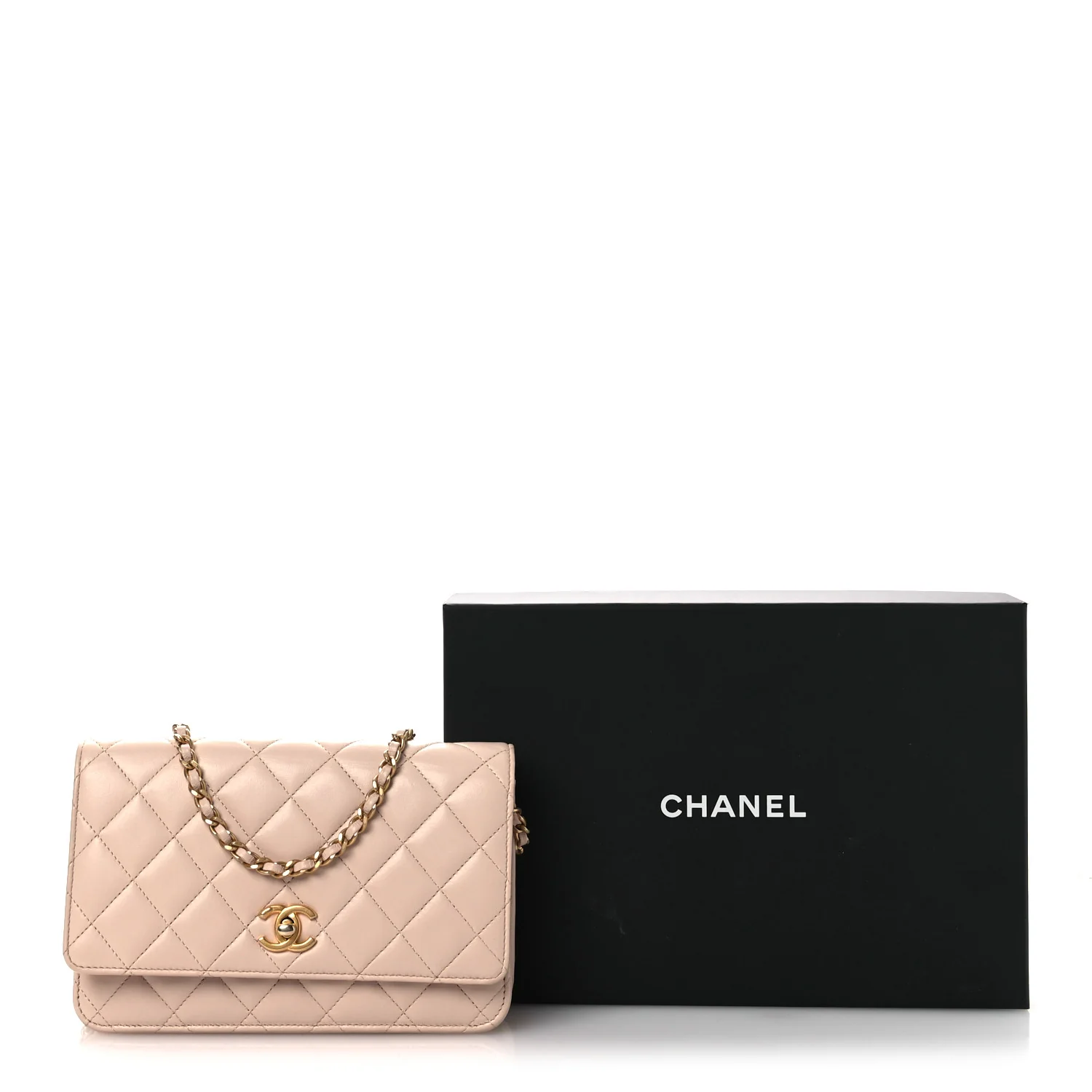 Lambskin Quilted CC Pearl Crush Wallet on Chain WOC Light Pink