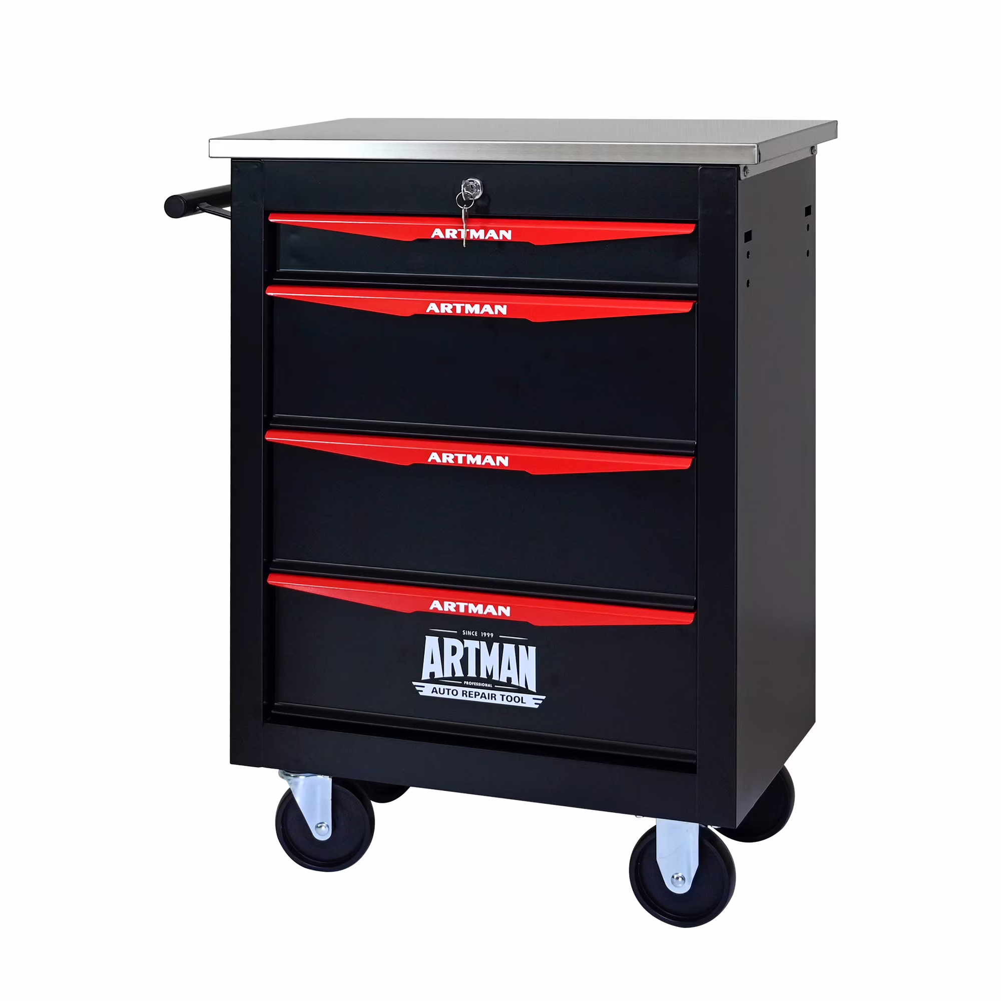JXXRZ 4-Drawer Rolling Tool Cart with Wheels, Stainless Steel Top & Lock for Garage Workshop, Black&Red