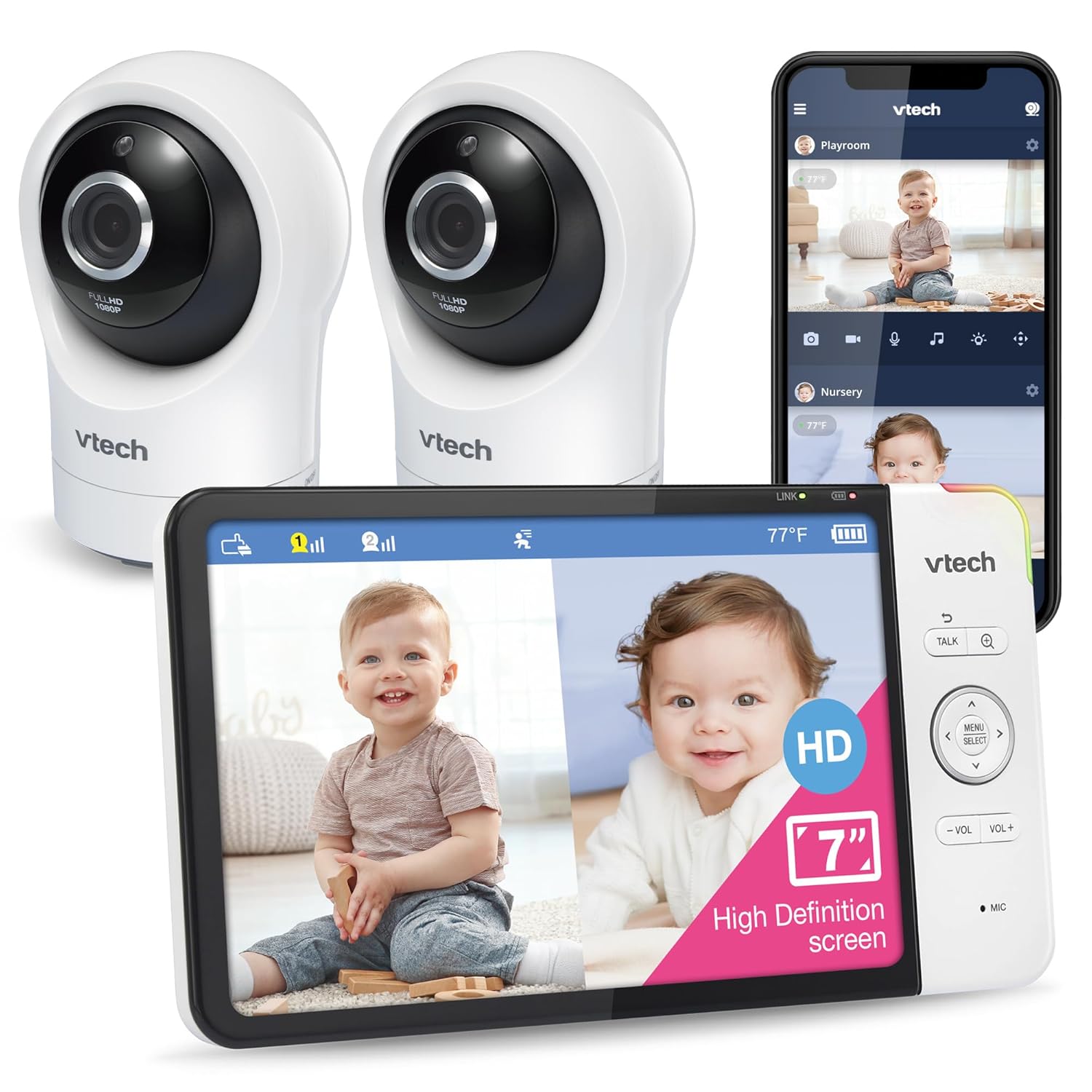 VTech RM7764-2HD Smart WiFi Baby Monitor with 2 Cameras  1080p HD Video  360° Pan & Tilt  10x Zoom  7