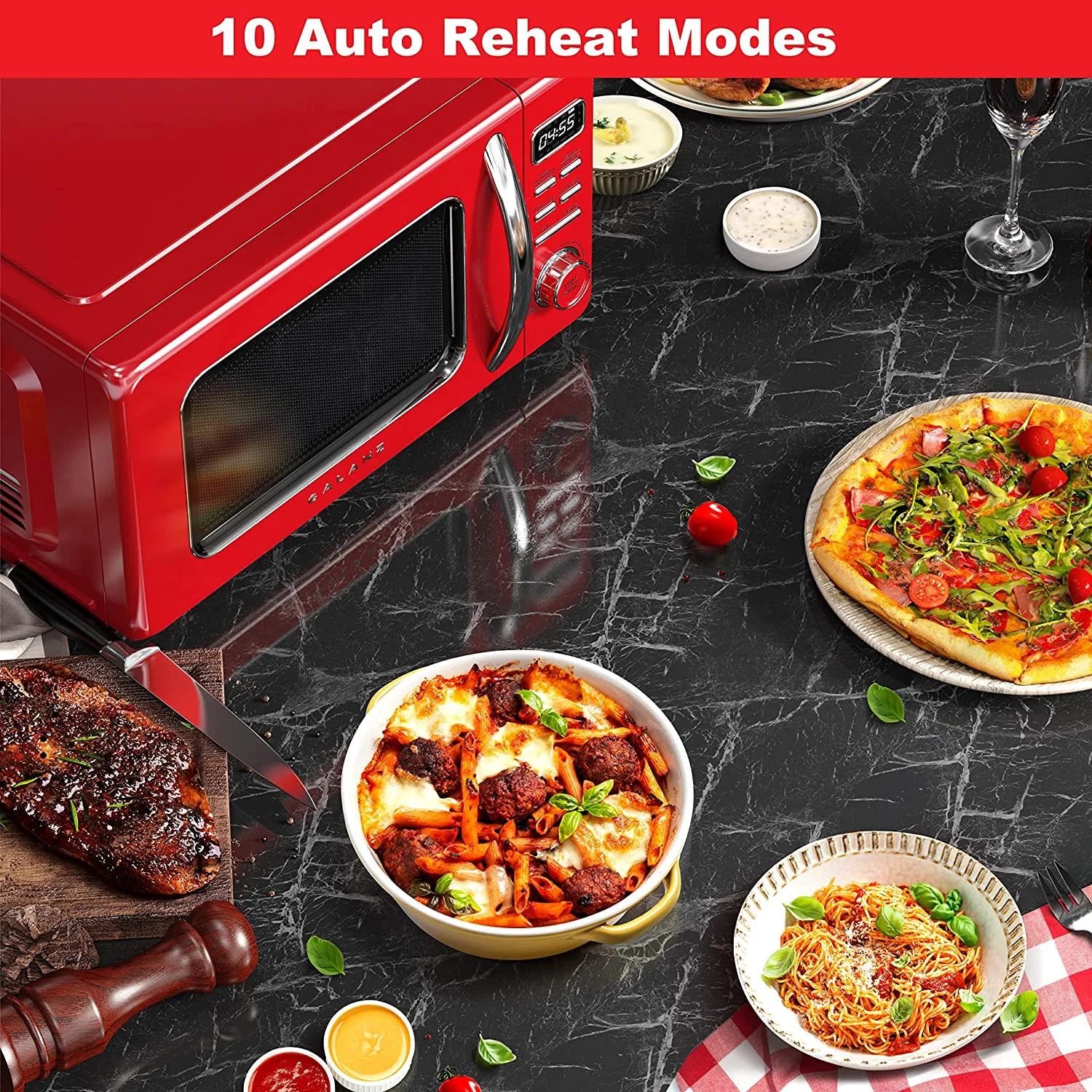 GLCMKZ09RDR09 Retro Countertop Microwave Oven with Auto Cook Reheat, Defrost, Quick Start Functions, Easy Clean with Glass Turntable, Pull Handle, 0.9 cu ft, Red - Image 3