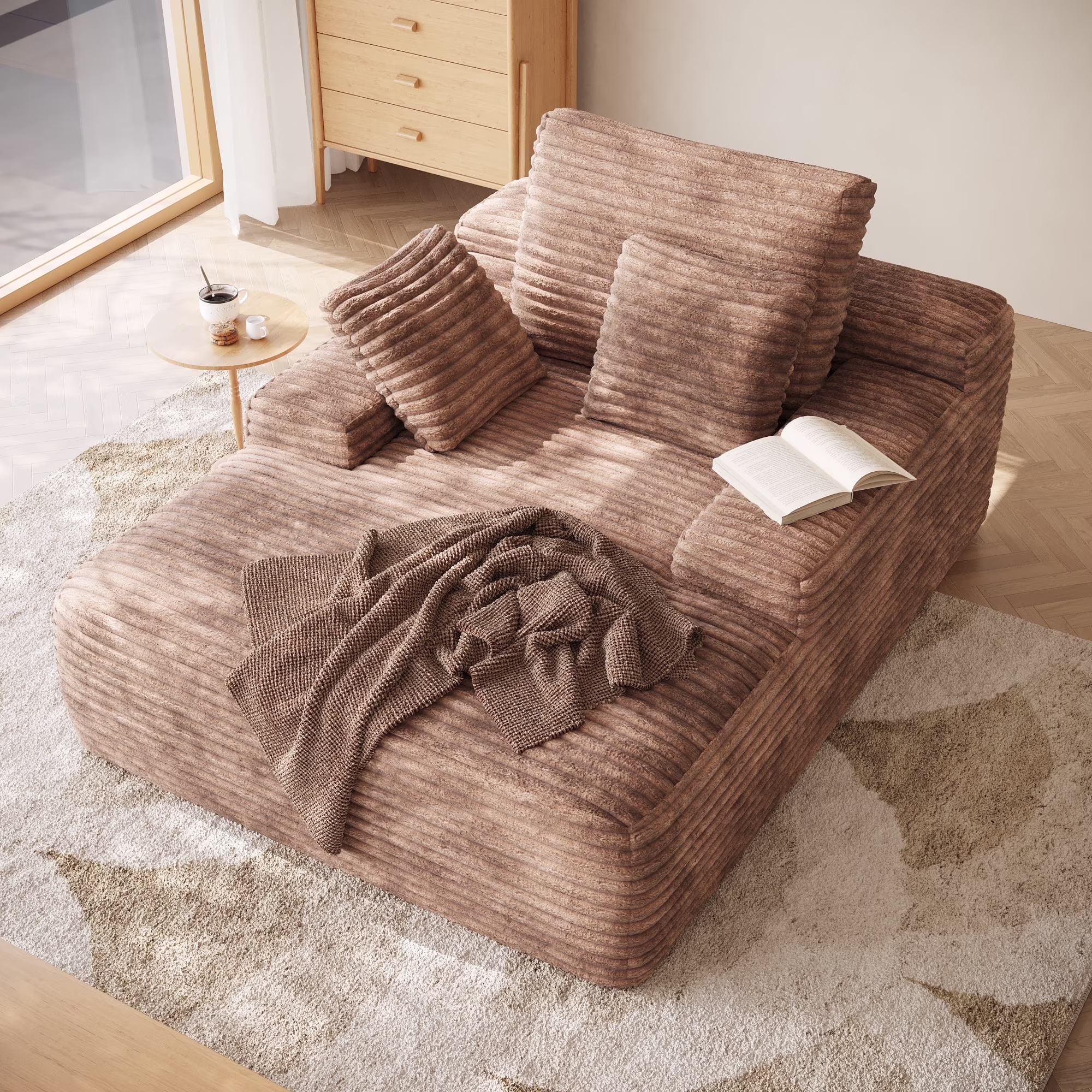 Oversized Chaise Lounge Chair Indoor,Upholstered Sofa Bed with Throw Pillows and Armrests,Sleeper Chair for Living Room,Bedroom,Brown,Corduroy(Brown)
