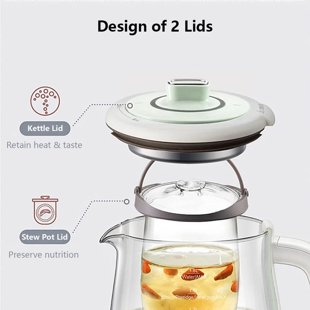 Bear YSH - C18S2 Health Pot, Electric Kettle Tea Maker with Infuser, Glass Kettle & Stew Pot, 16 Menus 1.8 L 120V, Green