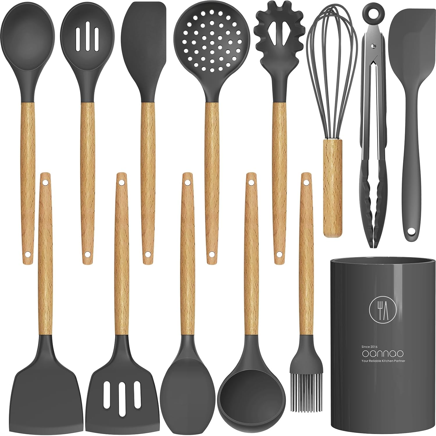 oannao Silicone Cooking Utensils Kitchen Utensil Set - 446°F Heat Resistant Silicone Kitchen Utensils Set, Spatula, Turner Tongs, Spoon, Whisk, Kitchen Gadgets for Nonstick Cookware, BPA Free (Gray)