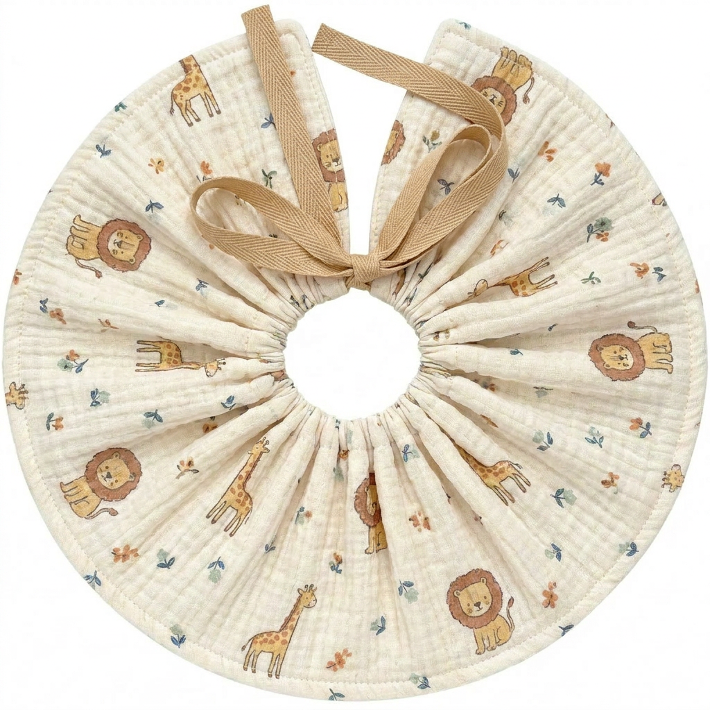 360 Degrees Rotatable Pleated Collar Animal Prints Double Gauze Quick Absorbent Saliva Towel Front Tie Anti Dirty Feeding Bib