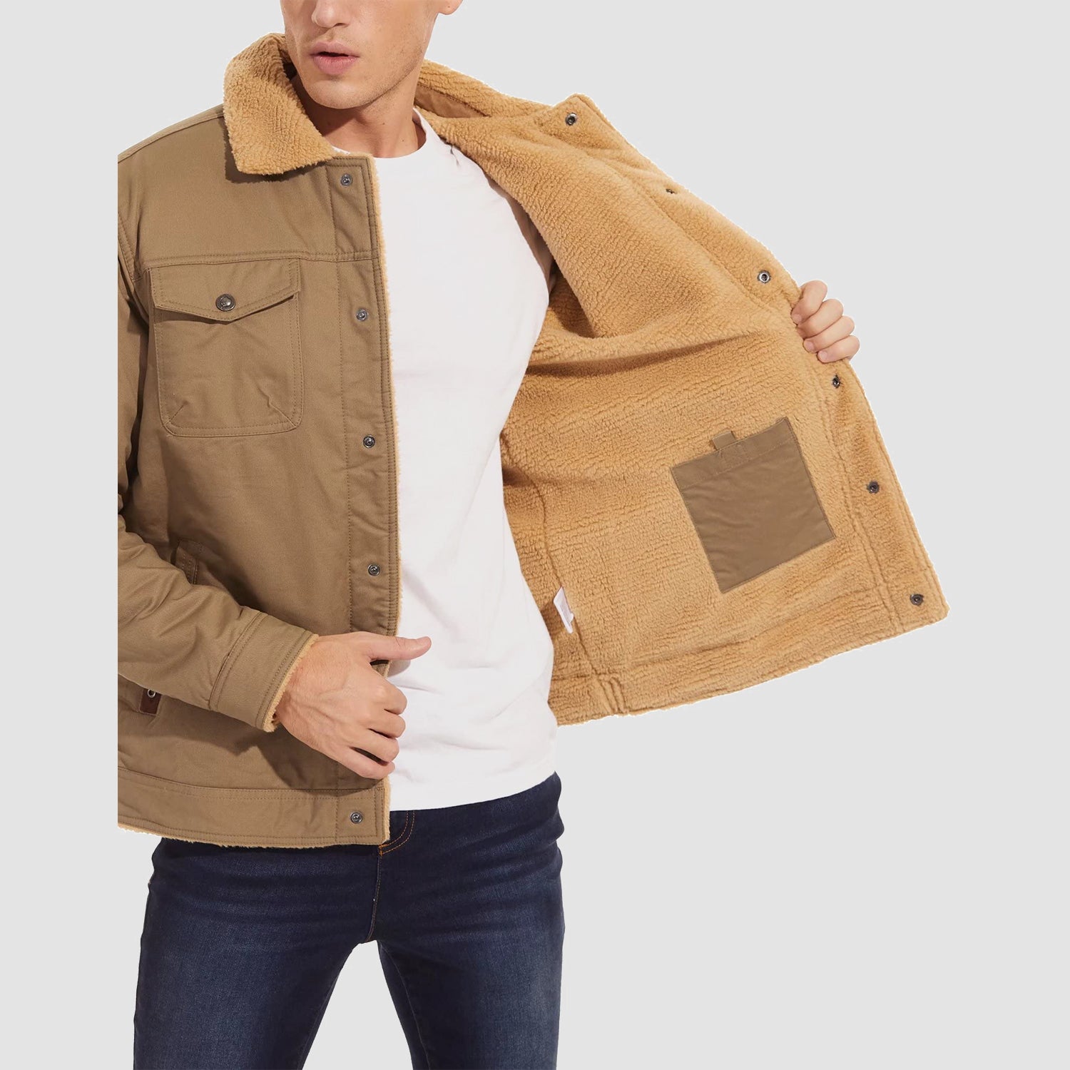 Veste cargo en coton sherpa pour homme, 5 poches, col rabattu, manteau d'hiver