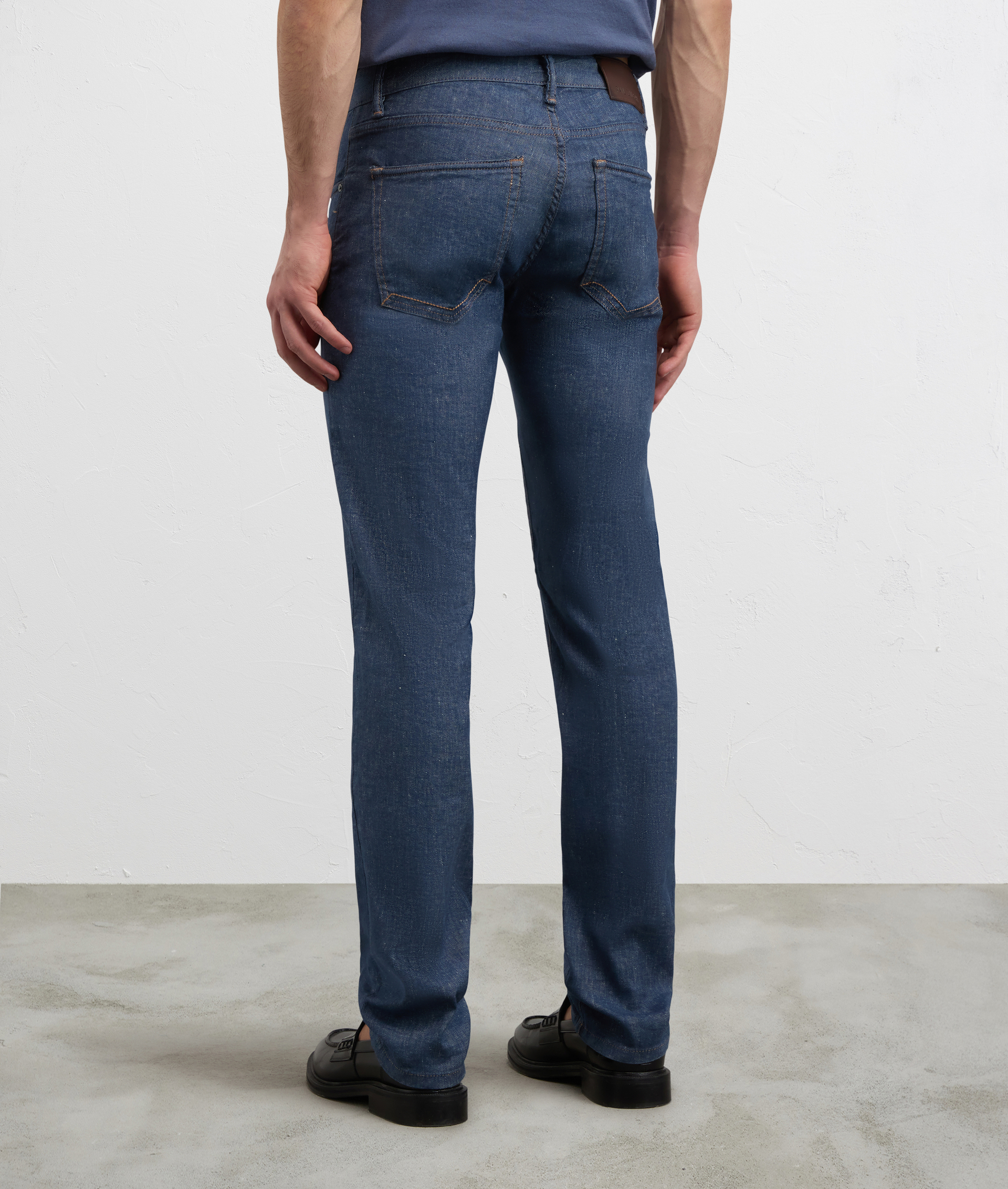 BLUE COTTON LINEN AND ELASTANE DENIM WITH LEATHER LOGO EMBOSSED ON BACK