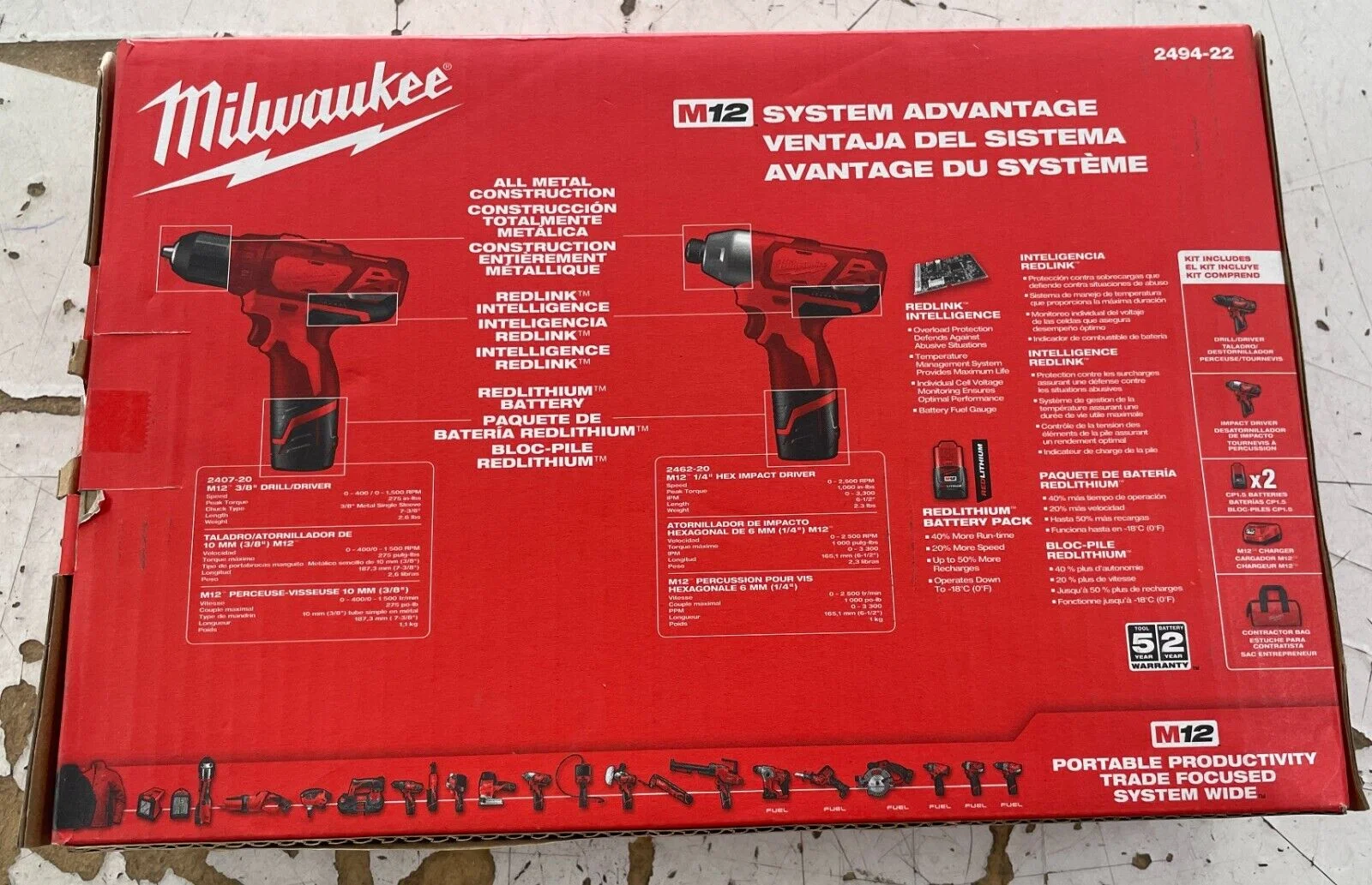 Milwaukee 2494 - 22 Kit with Free M12 2.0ah Compact Battery