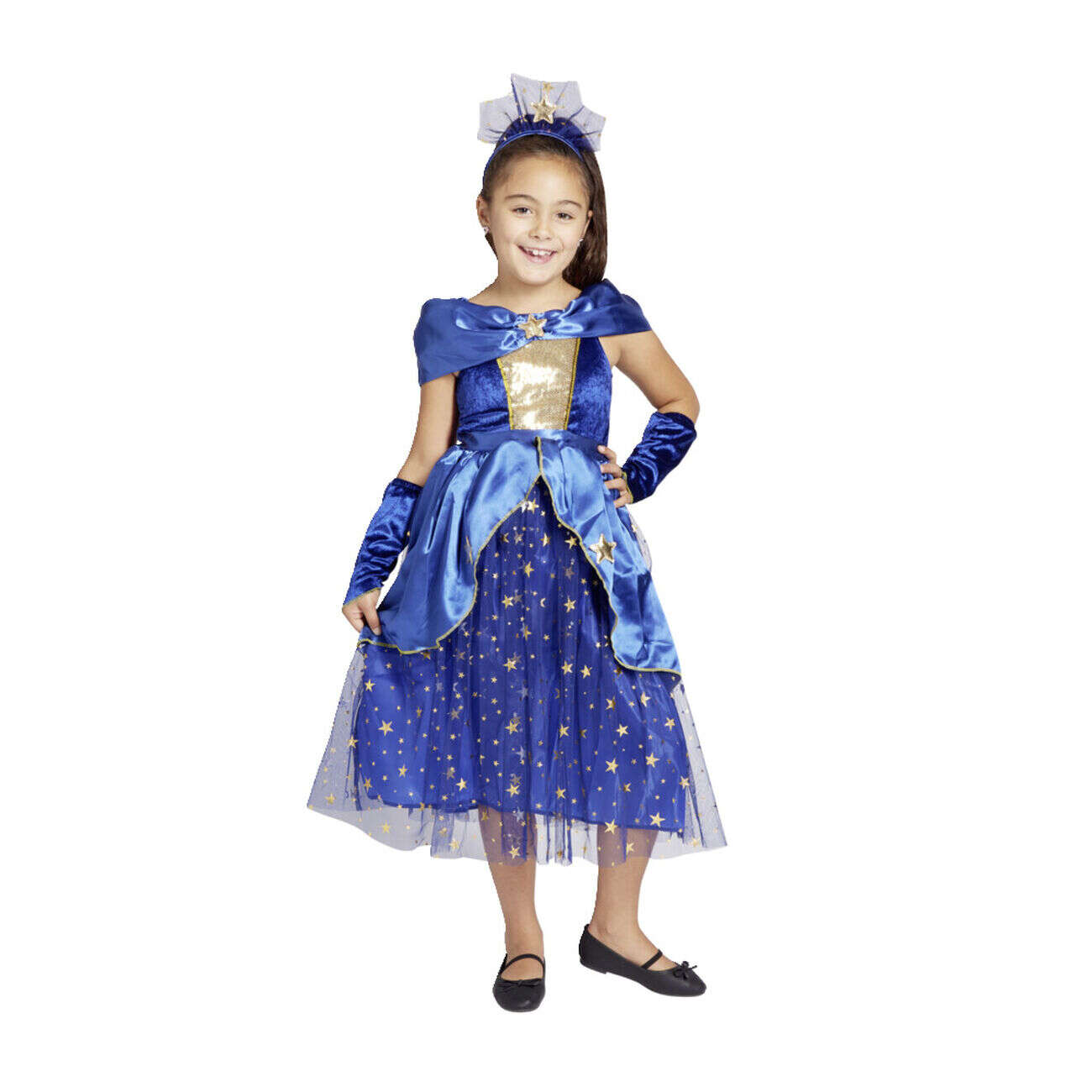 Déguisement fille 4/6 ans robe de magicienne bleue serre tête et gants
