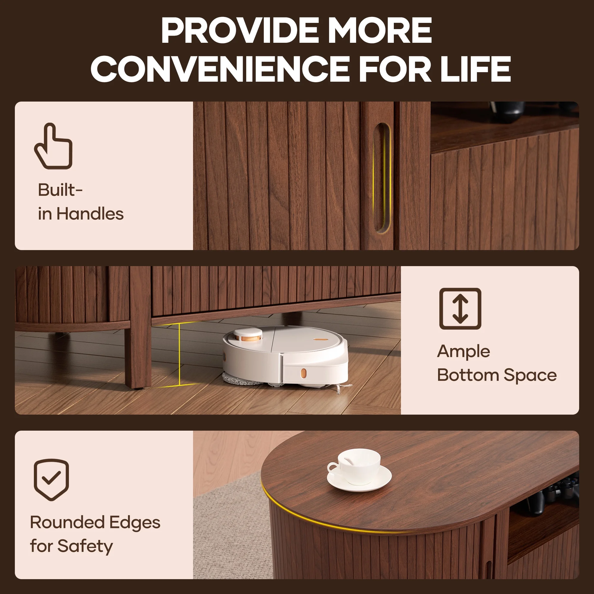 Coffee Table with Storage, Tambour Sliding Door, Open Shelf, Mid Century Modern Center Table with Drawer for Living Room, Walnut(Walnut) - Image 8