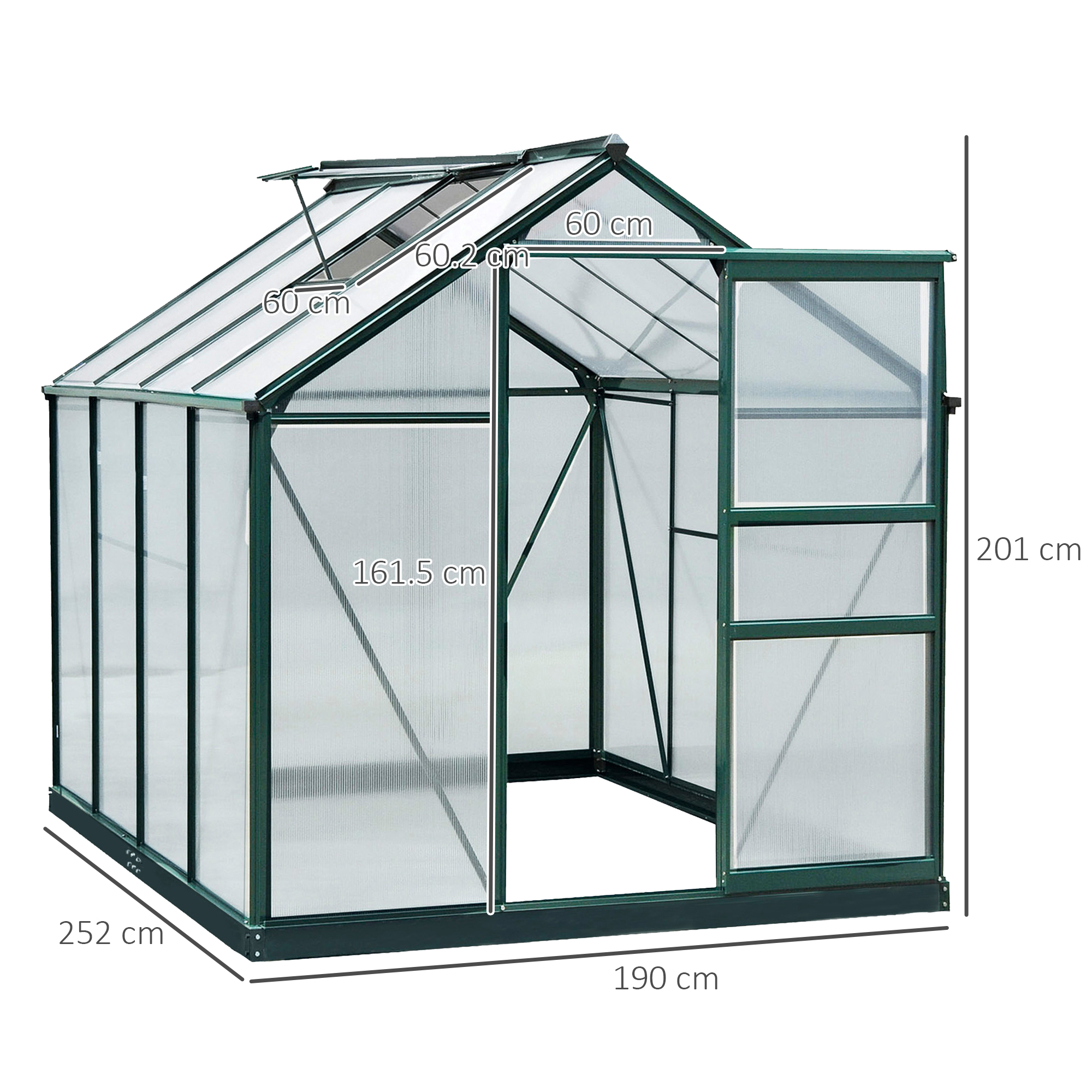 Outsunny kas met polycarbonaat behuizing en dakklep, 190x 252 x 201 cm