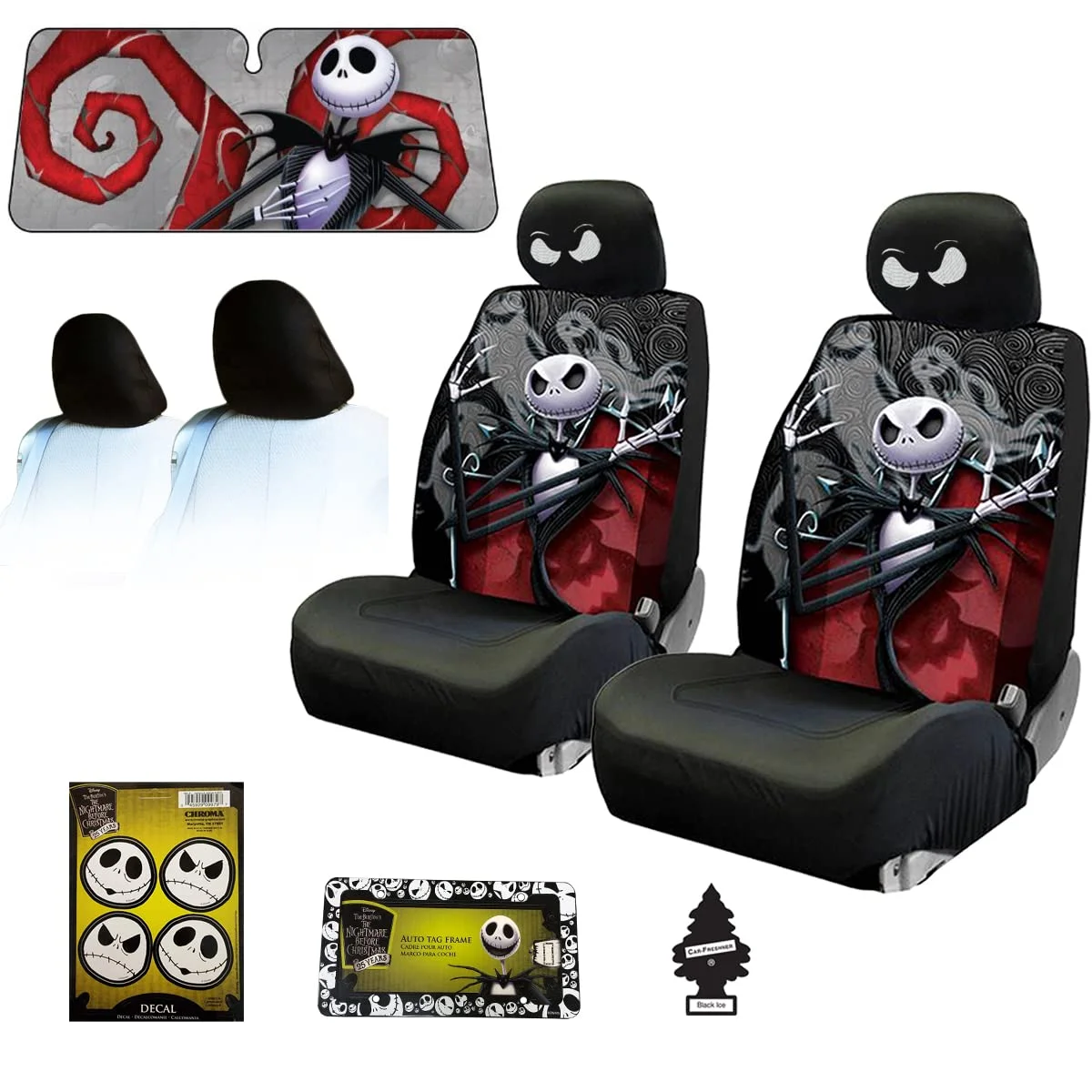New Nightmare Before Christmas Jack Skellington Ghostly Car Truck SUV Seat Covers Sunshade Headrest Covers Bundle Set - Image 2