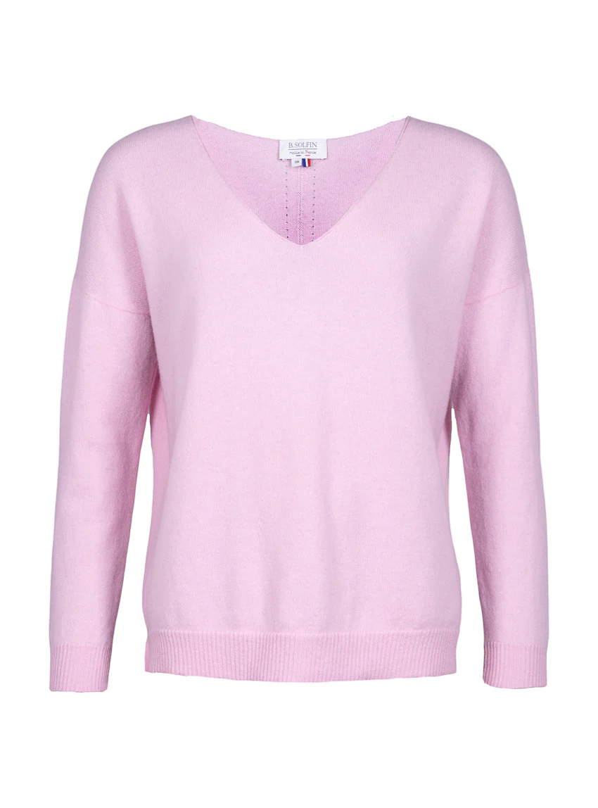 Pull femme col V laine et cachemire rose