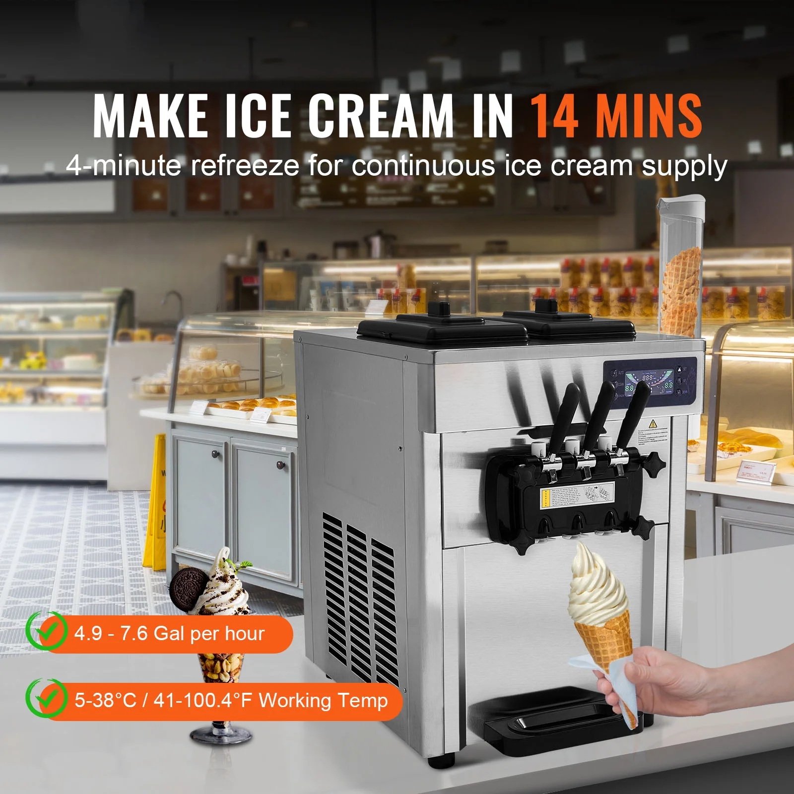 Commercial Soft Ice Cream Machine 18-28 L/H 5.5L*2 Cylinder 3-Flavor Serve Ice Cream Maker - Image 3