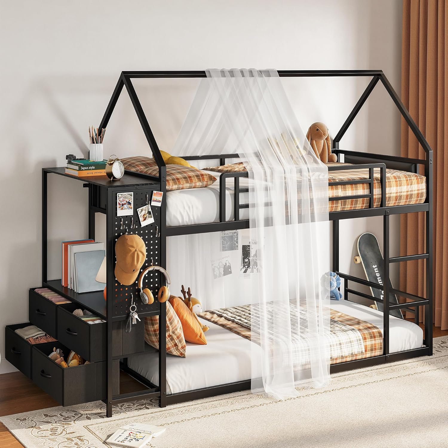 LIKIMIO Bunk Bed Twin Over Twin, House Bed Frame with 6 Storage Drawers,Hall Tree, Twin Bed with Metal Slats for Dormitory and Bedroom, Space Saving, No Box Spring Needed, Black