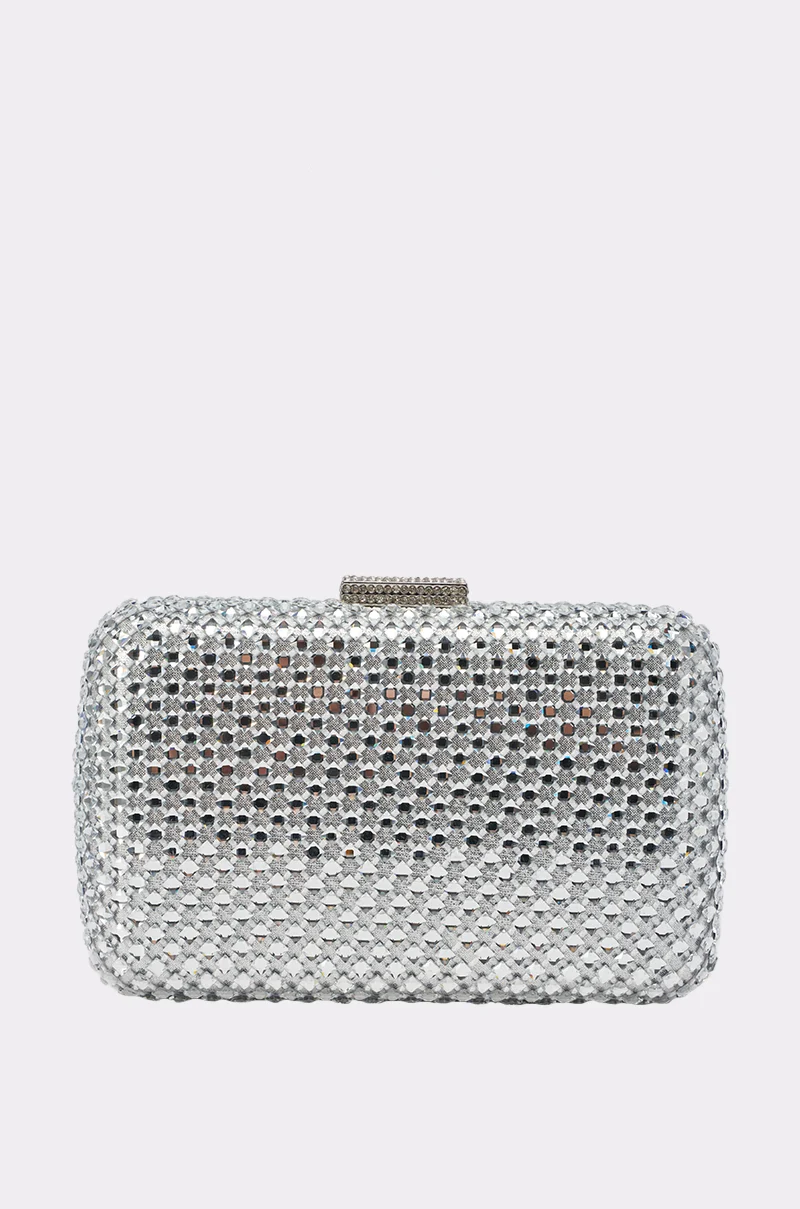 ELECTRIC AURA RHINESTONE CLUTCH IN SILVER - Akira Store