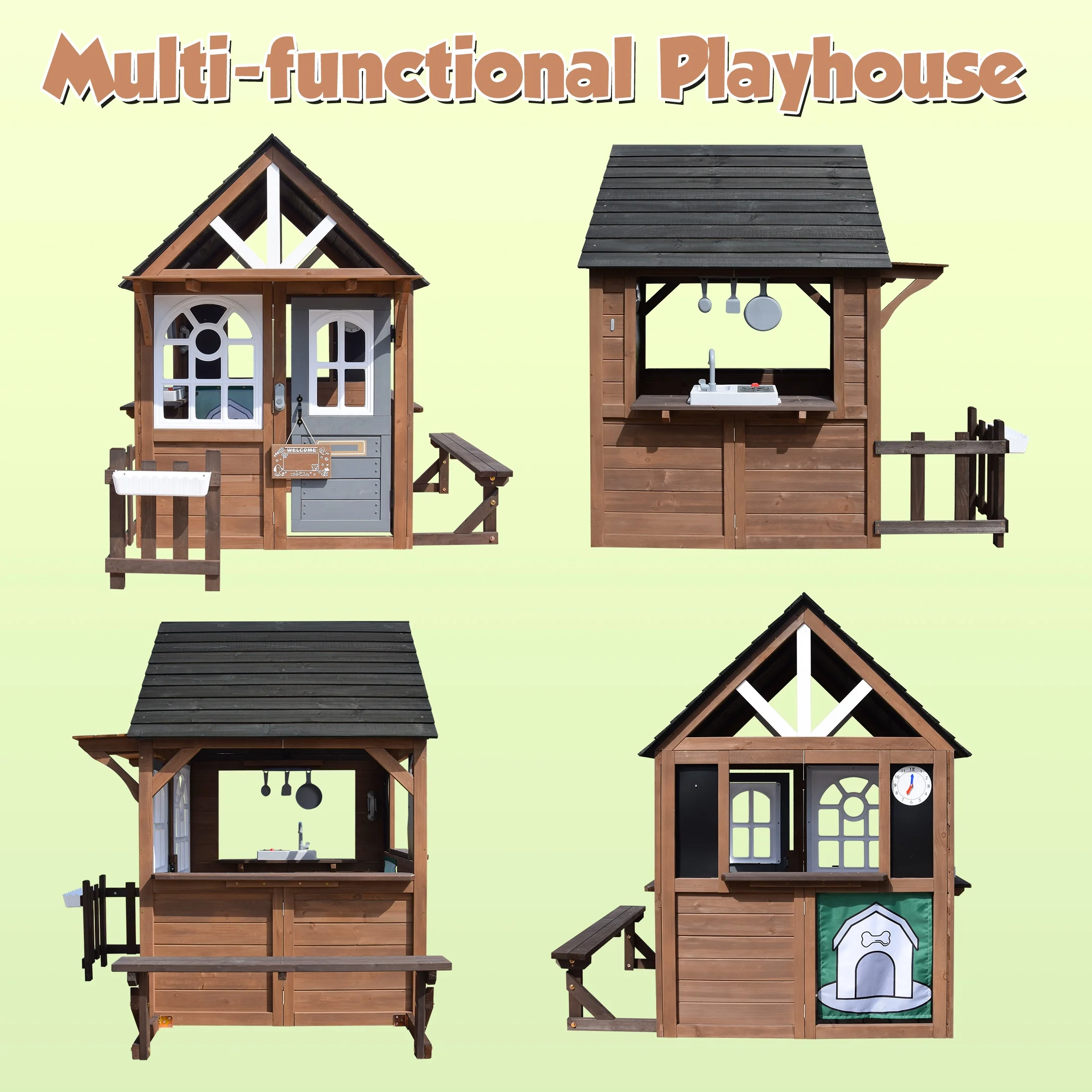 Outdoor Playhouse, Wooden Playhouse for Kids Toddlers, Large Kids Playhouse with Bench/Fence/Kitchen/Door Nameplate/Pretend Phone, Girls Boys Outdoor Toy Gift for Ages 3+, (62.99"W* 67.32"L) - Image 7