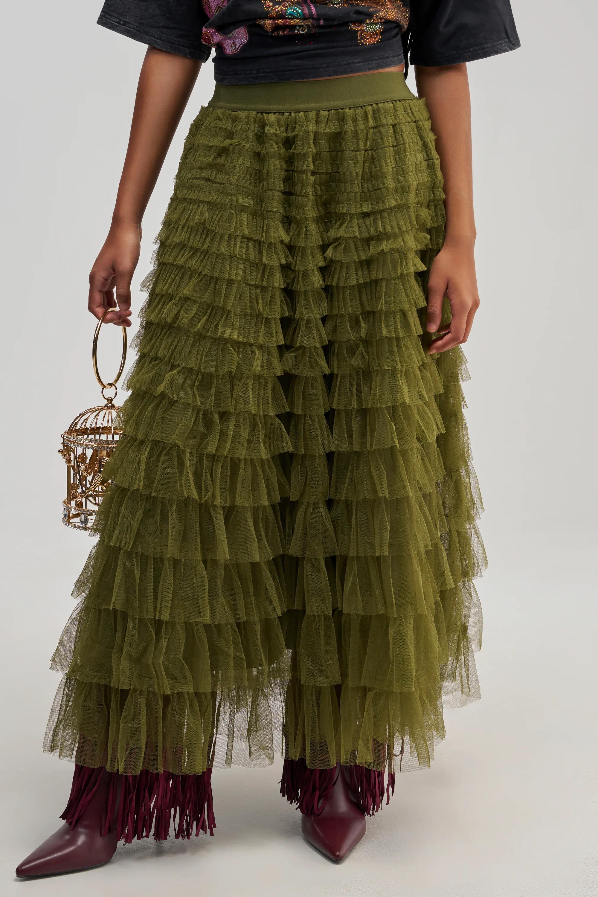 STARS ALIGNED MESH RUFFLE MAXI SKIRT - Akira Store