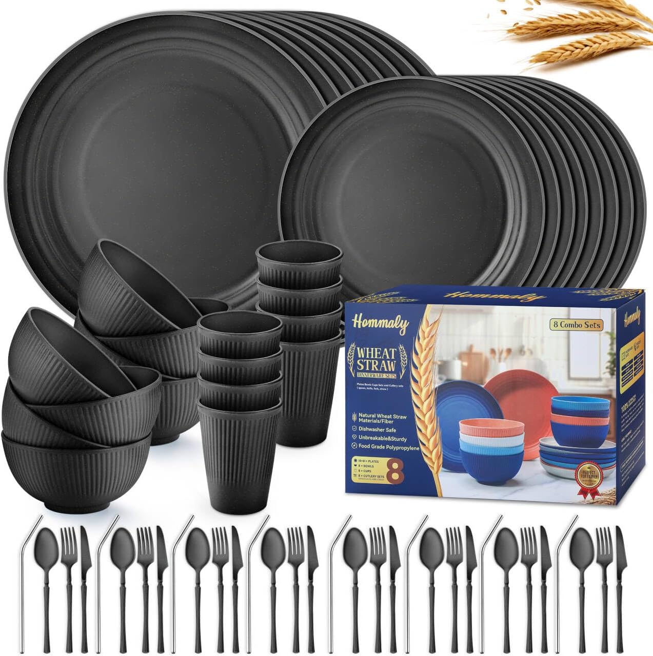 Wheat Straw Dinnerware Sets, 64-Piece Black Plates and Bowls Sets for 8 - Unbreakable, Reusable Plastic Dish Set - Dinner Plate/Dessert Plate/Cereal Bowl/Cup/Utensils - Microwave and Dishwasher Safe 64P-BLACK
