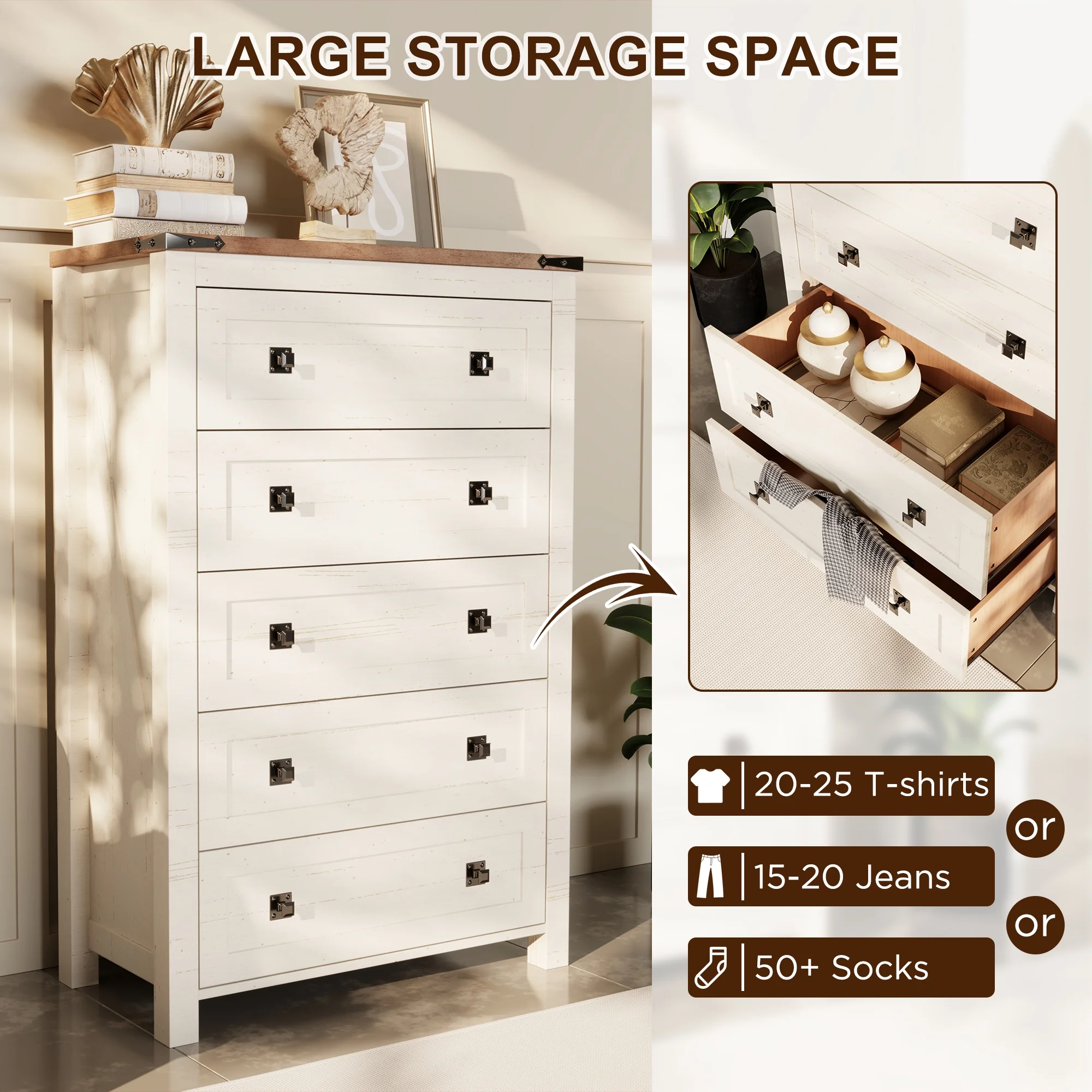 Farmhouse 5 Drawer Dresser for Bedroom, Chest of Drawers Wood Organizer for Living Room, Antique White(Antique White) - Image 4