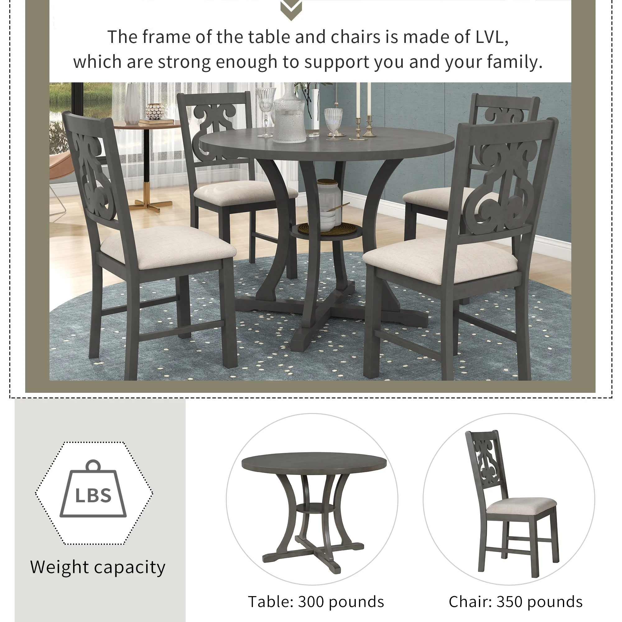 5 Pieces Wooden Round Dining Table and Chair Set with Special-shaped Legs and an Exquisitely Designed Hollow Chair Back for Dining Room(# 3:Gray (Round)) - Image 6