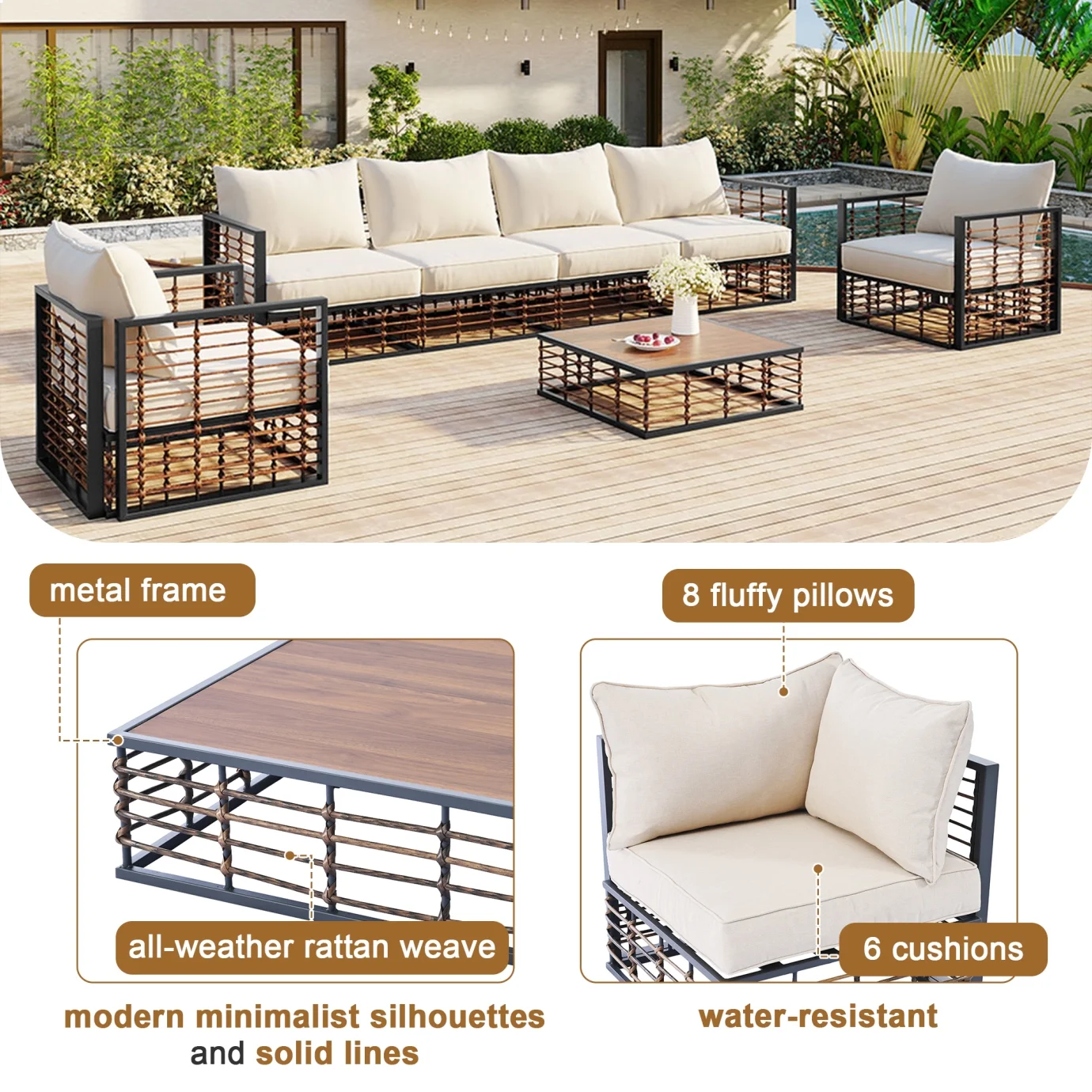 7 Pieces Metal Patio Sectional Furniture Set , Modern Minimalist Rattan Sofa Set with Thick Cushions and Coffee Table, All Weather Outdoor Patio Conversation Sets for Garden, Poolside, Backyard, Gray(Gray) - Image 2