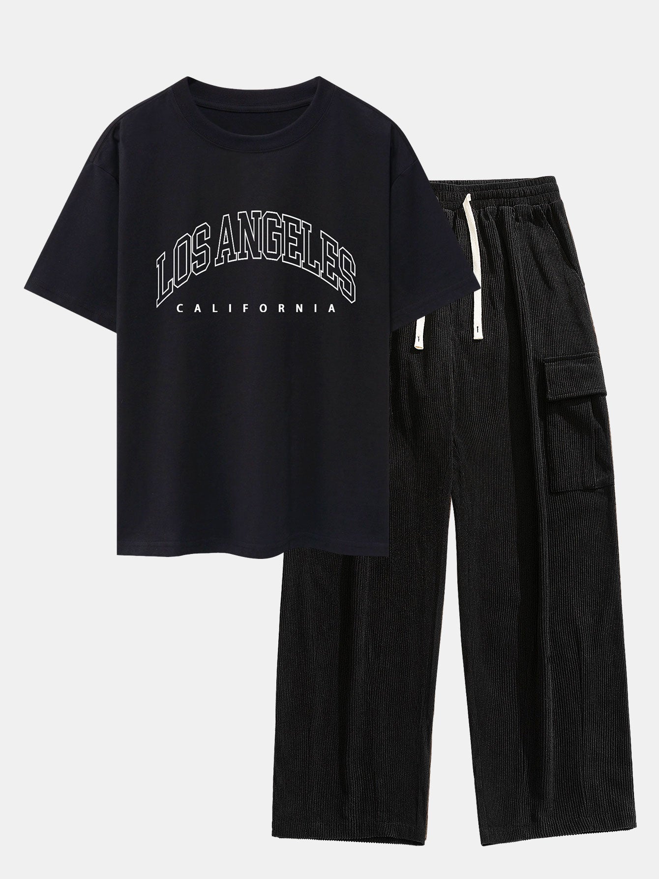 T-shirt oversize épais imprimé Los Angeles et pantalon cargo en velours côtelé coupe ample