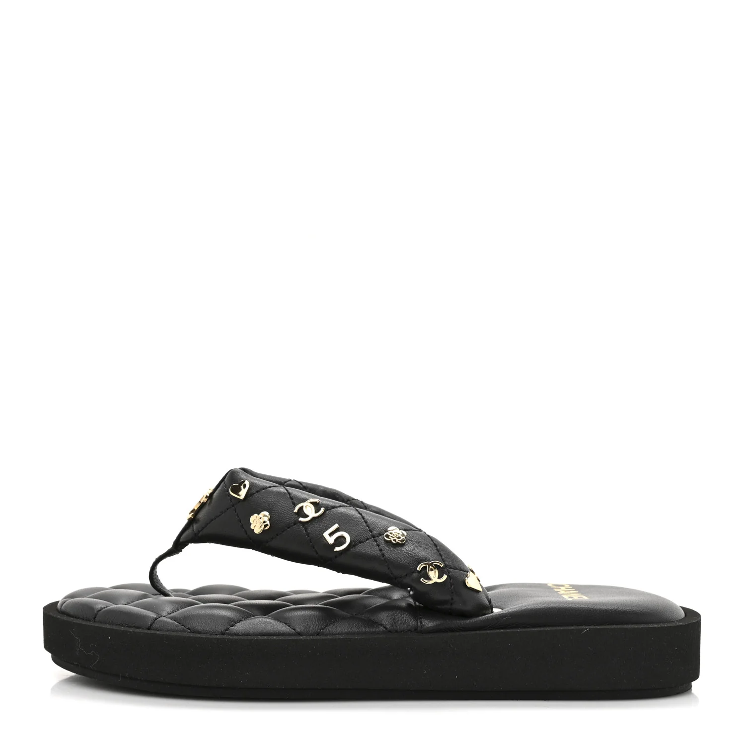 Lambskin Quilted Padded Charms Thong Sandals 36 Black