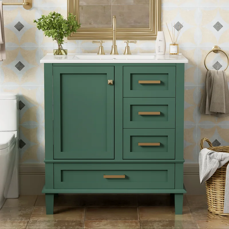 30" Bathroom Vanity with Sink, Modern bathroom sink cabinet with Soft-Close storage Drawers, Freestanding Vanity with Ceramic Top (Green)(Green) - Image 2