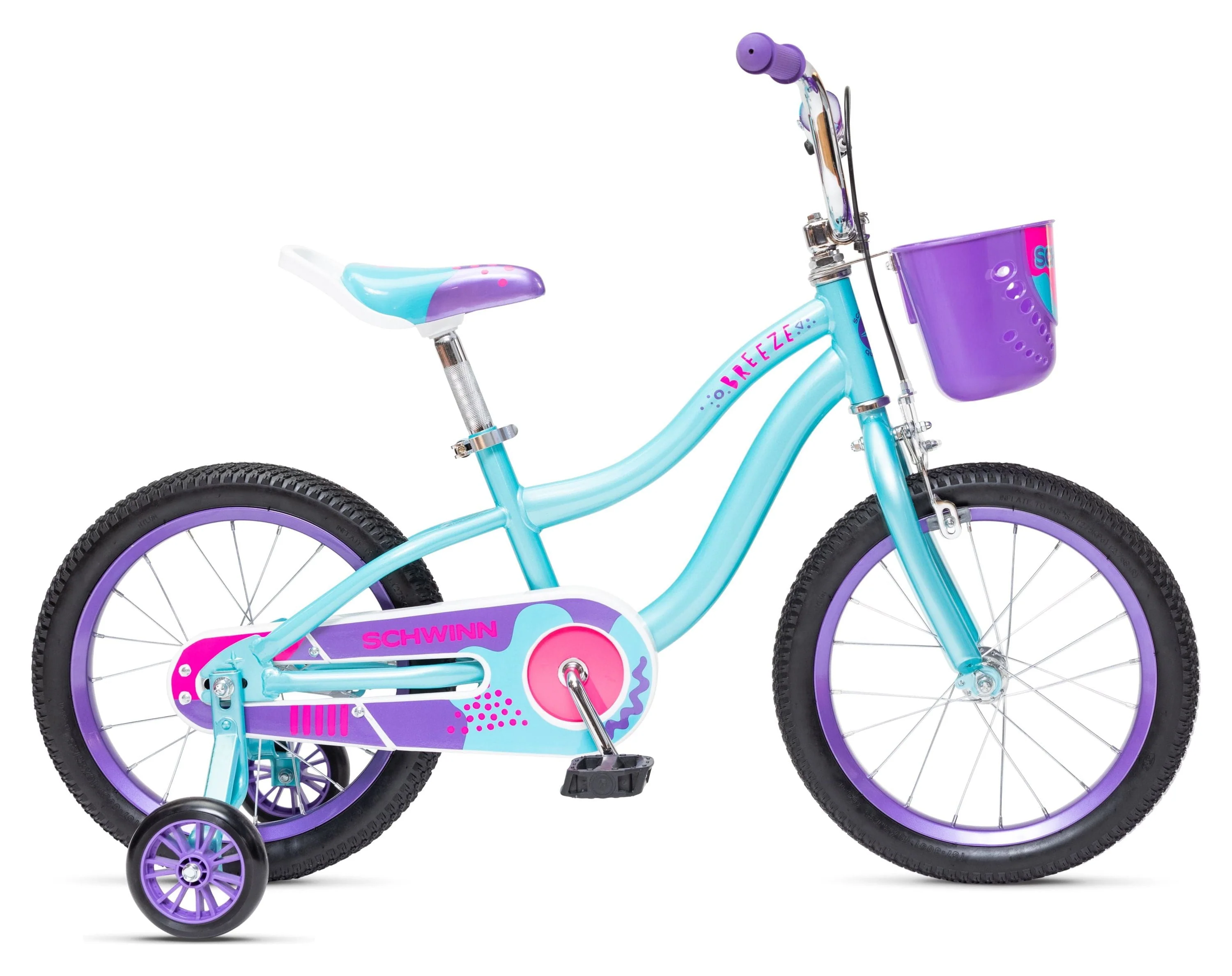 Schwinn Breeze 16 in Girls Kids Bike with Basket and Training Wheels, Ages 3 - 7, Teal and Purple