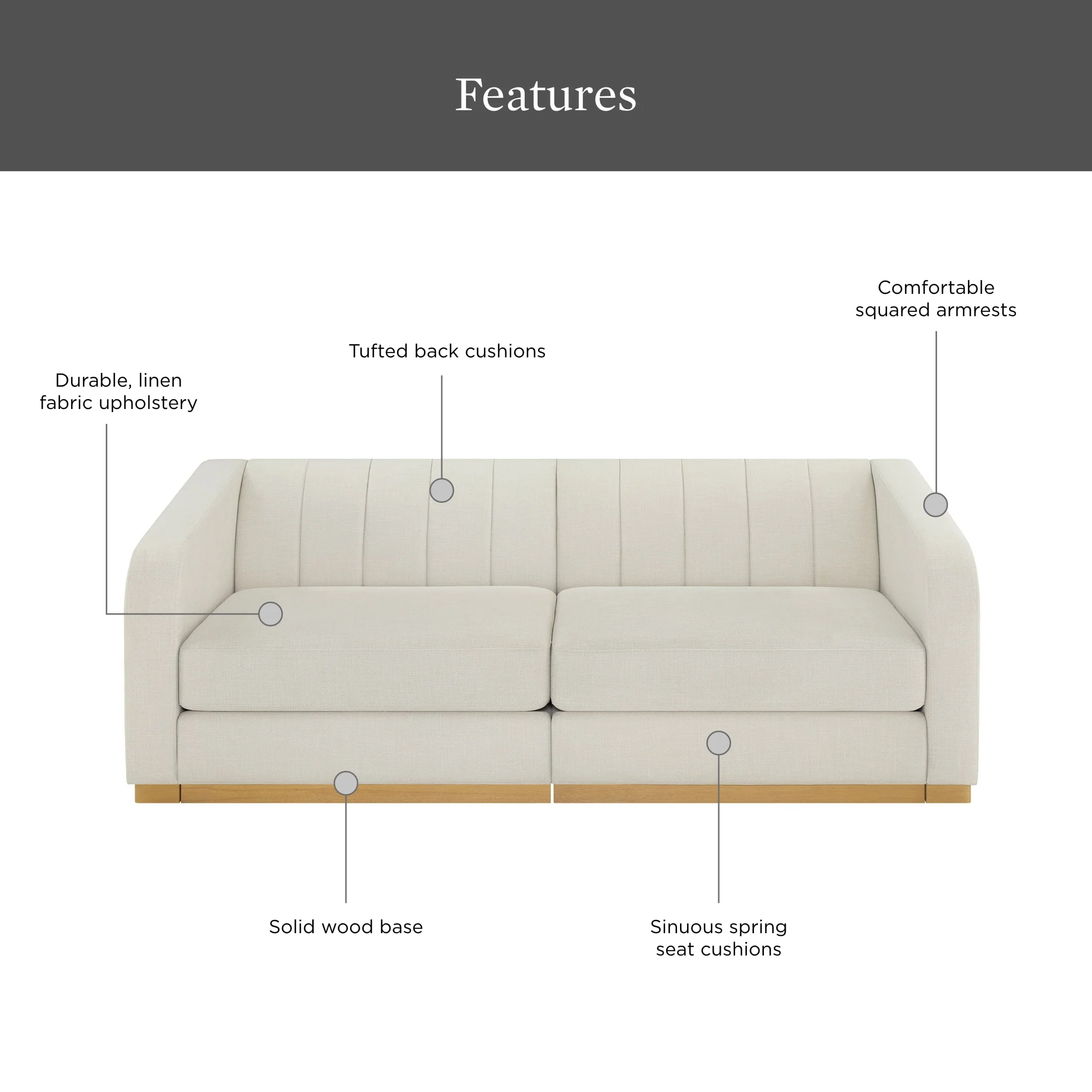 Better Homes & Gardens Lillian Channel Tufted Sofa 83.5 Cream Linen